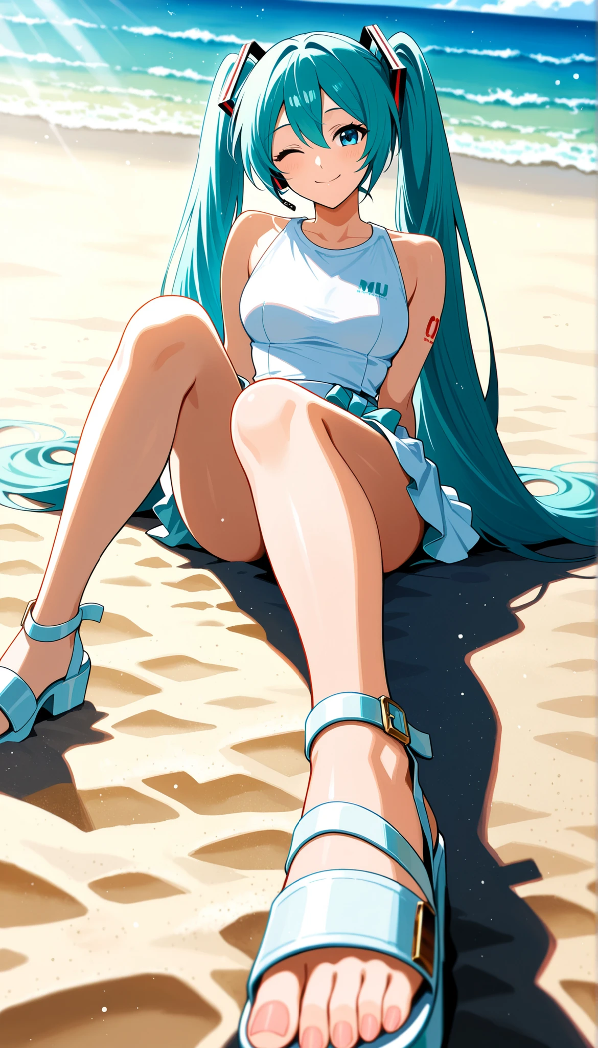 couch, collarbone, black panties, outdoors, solo focus, blush, completely nude, beach, from side, car, blunt bangs, moon, jewelry, flower, blue eyes, nipples, earrings, pussy, arm up, from behind, choker, aqua nails