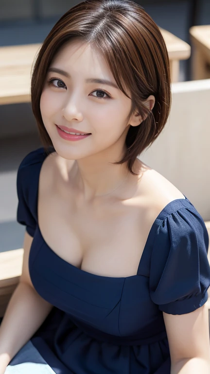 Highest quality、Realistic、8k、Ultra-high resolution,  Realistic、detailed、Skin Texture、超detailed、(Very cute girl、beautiful girl)、Delicate and ???? collarbone、thin、Slender body、Smile、非常にdetailedな顔、detailedな唇、Delicate eyebrows、Full body photo、School classroom、 (Leaning forward:1.2、Her cleavage is visible: 1.6)、Wearing a white tank top:1.6、Realistic、(Very short bob cut)、(Small ???????:1.4、Flat ?????:1.4)、Large ????? ???????
