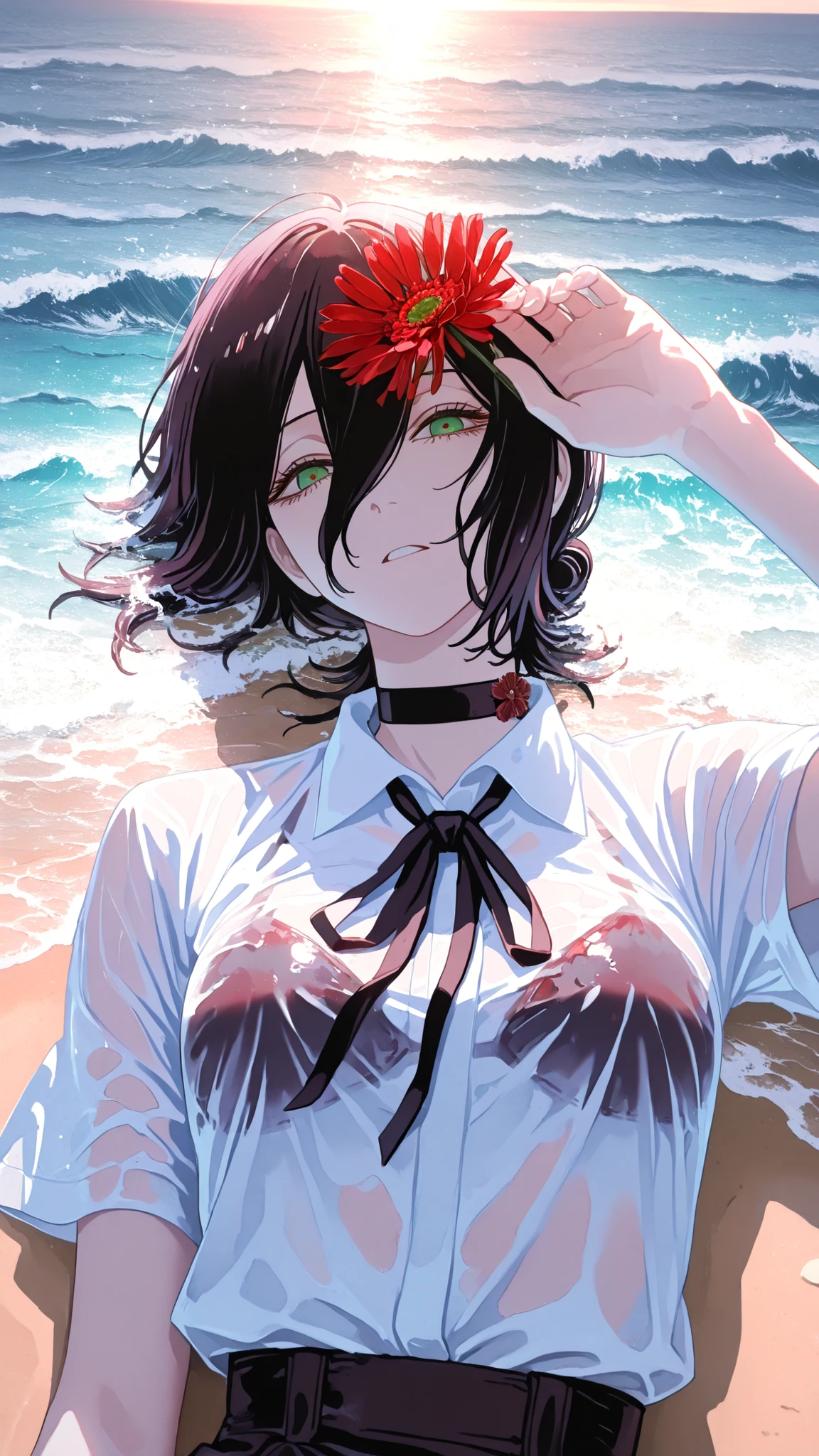 Ultra HD,1girl, cut,woman lying on her back on the beach,No expression,green eyes,holding a red gerbera flower in her hand,Place one hand on forehead,Ocean waves wet the body,white shirt,bright sunlight,Strange Sight, fantastic atmosphere like being on the border between reality and fantasy,Mysterious Beauty,taken from directly above