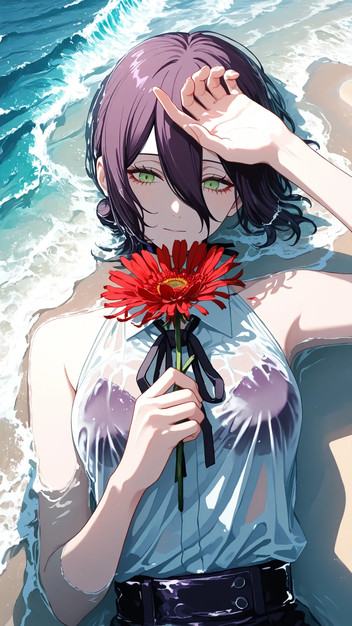 ultra high definition,1girl,reze,Woman sleeping on her back on the beach,No expression,green eyes,holding a red gerbera flower in your hand,One hand on the forehead,Ocean waves wet her body,white shirt,bright sunshine,mysterious sight, A fantastic atmosphere like being on the border between reality and fantasy,Mysterious Beauty,taken from directly above