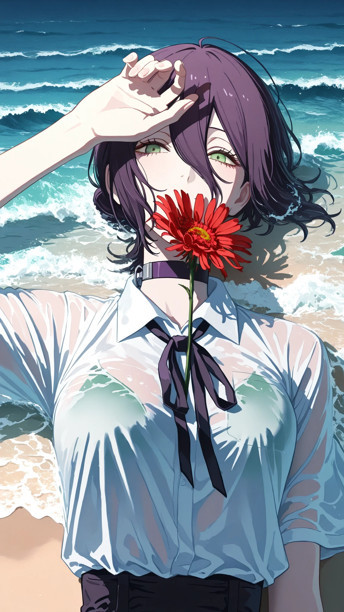 ultra high definition,1girl,reze,Woman sleeping on her back on the beach,No expression,green eyes,holding a red gerbera flower in your hand,One hand on the forehead,Ocean waves wet her body,white shirt,bright sunshine,mysterious sight, A fantastic atmosphere like being on the border between reality and fantasy,Mysterious Beauty,taken from directly above