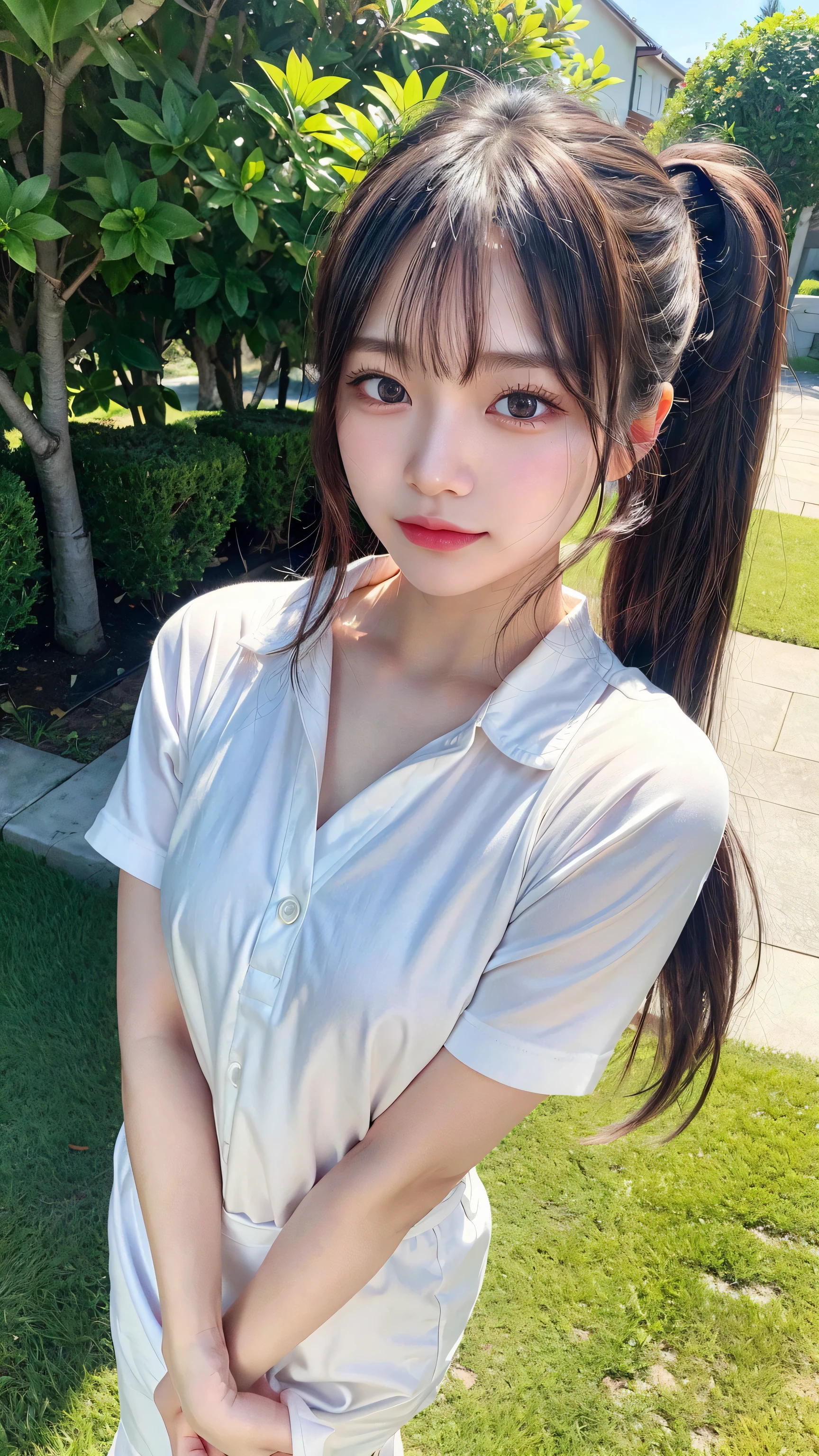 White collared shirt,jeans,Park,On the lawn,Close up face,One woman,masutepiece, The highest image quality, High quality, the background is clear,Beautiful woman, Japanese,Ultra-detailed, finely detail, hight resolution, 8K Wallpaper, Perfect dynamic composition, Beautiful detailed eyes , Detailed, Detailed eyes, Detailed skin, Beautiful skin, 超hight resolution, (reality: 1.4),Very beautiful woman, Slightly younger face, Beautiful skin, slender, (Ultra photo realsisim), (hight resolution), (8K), (Very detailed) (beautifully detailed eyes), (super detailed), (Detailed face), view the viewer, Fine details, Detailed face, Staring straight ahead, Staring straight ahead, photos realistic, Bright lighting, Professional Lighting, Black hair,poneyTail,a baby face,fourteen years old,Hairstyle: ponytail,Long ponytail hairstyle,slight smile,neat and tidy clothing,Beautiful Japanese KPOP idol photo, hair style is ponytail, my eyes are double and wide, baby face, smile and look straight ahead, slender, small breasts,Close up face,