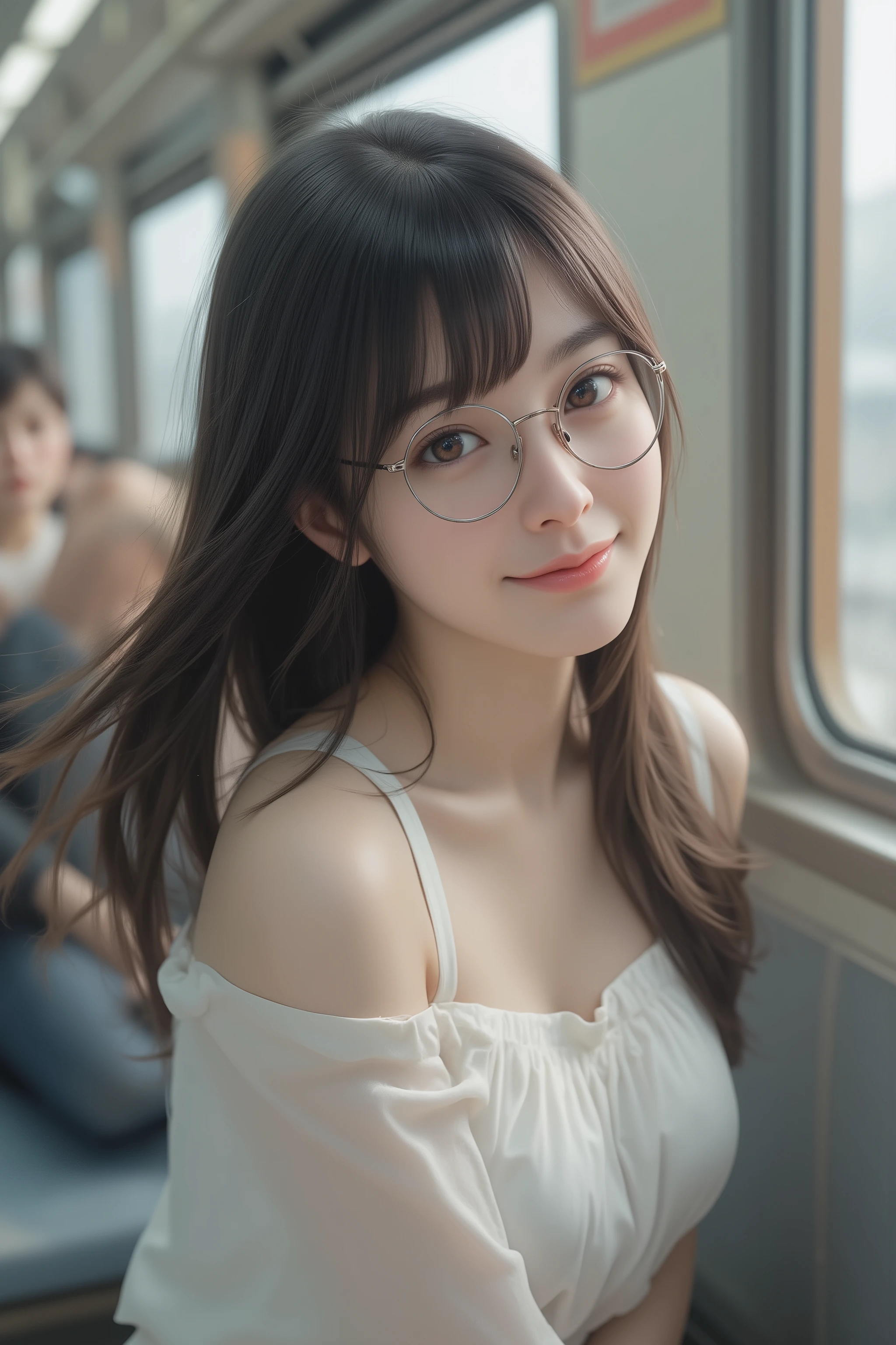 happy face of woman in white dress, black hair, Hair tie, Bang, wearing glasses, Sitting on the subway