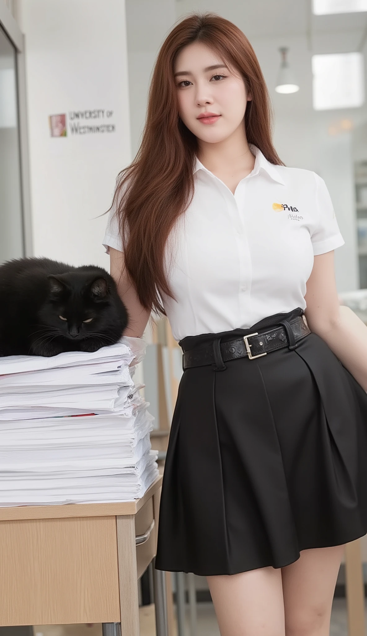 A portrait photograph shows a young Korean-Thai woman standing in a classroom at the University of Westminster in London.
She has a long, fluffy haircut that shows off her narrow forehead. She has a voluptuous figure. She is chubby-sexy. She has a cherry-red hair colour. She wears a Thai Mahalai uniform: a light-white short-sleeved collared shirt with a "PwC" logo on the chest, a black leather LV belt, and a knee-length black pleated skirt that highlights her curvy figure and ample bust. She stands and holds a heavy stack of documents with two hands. She seductively smiles at the camera. There is a high stack of documents on the desk. A big black cat is sleeping on top of the stack.
The backdrop behind her is the University of Westminster sign, mounted on a white wall. The classroom features decorations in a British style.