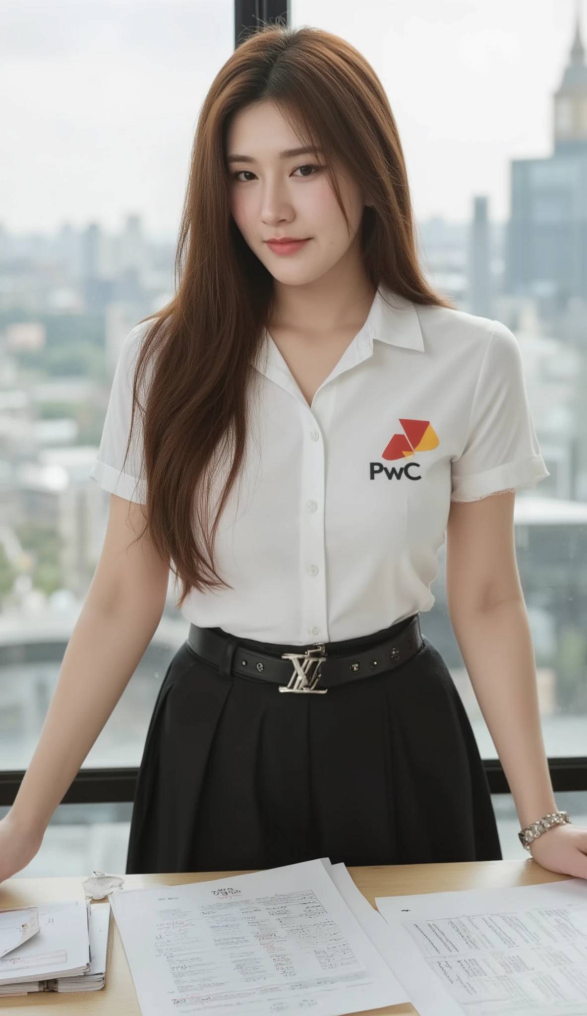 A portrait image shows a young Korean-Thai woman standing in a sophisticated investment firm environment in London. The image focuses on her; the others are just a backdrop.
She is Korean-Thai. She has a long, fluffy haircut that shows off her narrow forehead. She has a voluptuous figure. She is chubby-sexy. She has a cherry-red hair colour. She wears a Thai Mahalai uniform: a light-white short-sleeved collared shirt with silver buttons, with a big 'PwC' logo on chest, a black LV leather belt, and a short black pleated skirt that highlights her curvy figure and ample bust. She seductively smiles at the camera.
She is an audit trainee, organising extensive financial documents on a long wooden desk containing a vast amount of paperwork, which covers every visible surface, with papers stacked, in a sophisticated investment firm environment. The sophisticated investment centre is on the 50th floor, with a single floor-to-ceiling clear glass wall providing a dramatic city skyline backdrop, creating a premium corporate environment. The backdrop features the city skyline, including Big Ben and the London Eye, as seen through the large, clear glass wall that is free of frames, handhelds, and any other objects. The room feels like a penthouse in a luxurious 5-star hotel. The light is warm yellow-white.