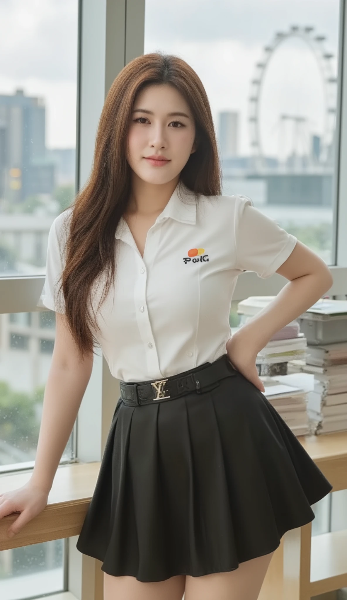 A portrait image shows a young Korean-Thai woman standing in a sophisticated investment firm environment in London. The image focuses on her; the others are just a backdrop.
She is Korean-Thai. She has a long, fluffy haircut that shows off her narrow forehead. She has a voluptuous figure. She is chubby-sexy. She has a cherry-red hair colour. She wears a Thai Mahalai uniform: a light-white short-sleeved collared shirt with silver buttons, with a big 'PwC' logo on chest, a black LV leather belt, and a short black pleated skirt that highlights her curvy figure and ample bust. She seductively smiles at the camera.
She is an audit trainee, organising extensive financial documents on a long wooden desk containing a vast amount of paperwork, which covers every visible surface, with papers stacked, in a sophisticated investment firm environment. The sophisticated investment centre is on the 50th floor, with a single floor-to-ceiling clear glass wall providing a dramatic city skyline backdrop, creating a premium corporate environment. The backdrop features the city skyline, including Big Ben and the London Eye, as seen through the large, clear glass wall that is free of frames, handhelds, and any other objects. The room feels like a penthouse in a luxurious 5-star hotel. The light is warm yellow-white.