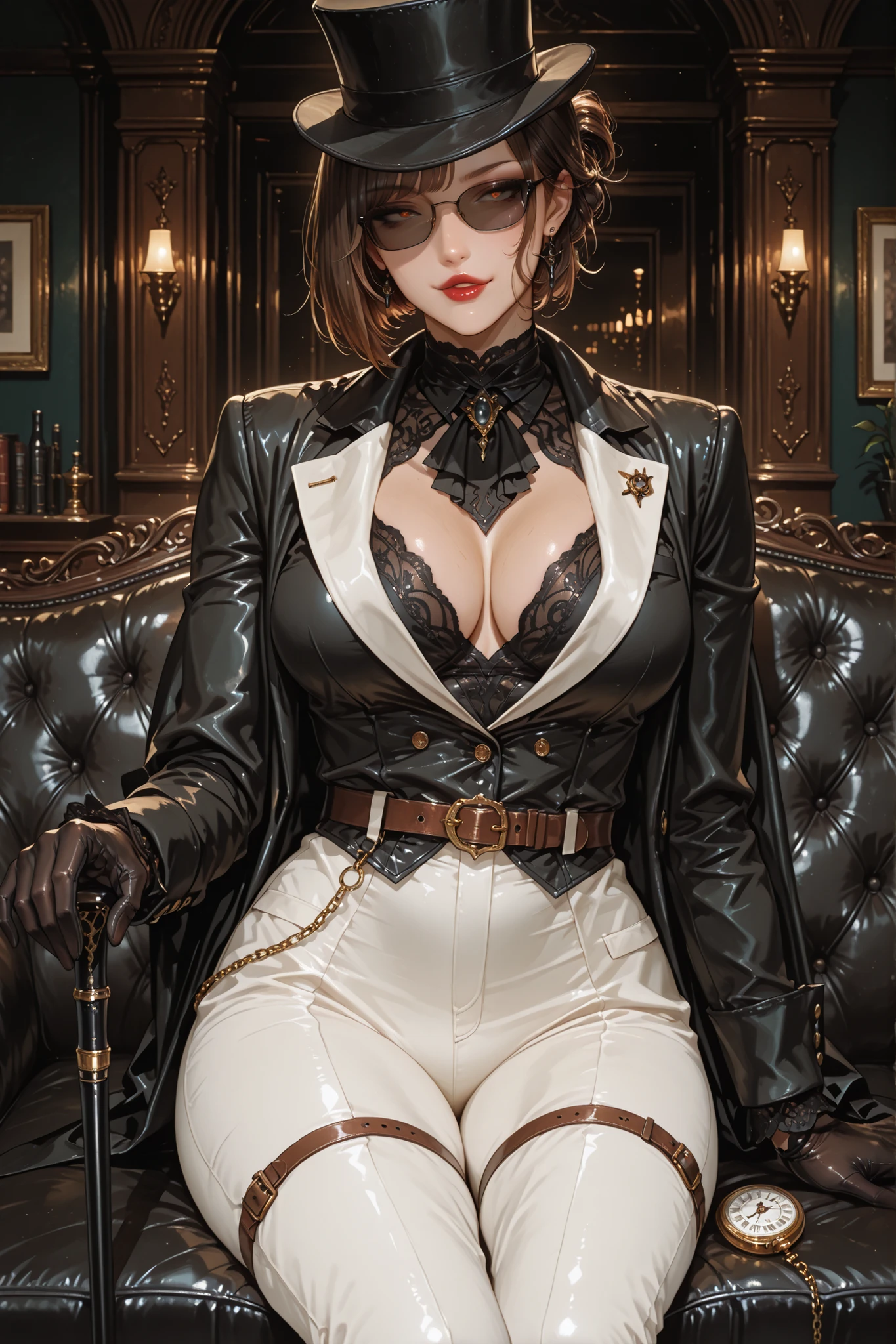 score_9, score_8_up, score_7_up, score_6_up, score_5_up, score_4_up, Label 1, Label2, quality_masterpiece, Anatomically correct, beautiful face, perfect face, sexy attractive face, Detailed Face, Delicate Facial Features, detailed, Very detailed & Beautiful ,seductive, elegant, Glamour, beautiful and dazzling, Lip details, neckline, Hot neckline, seductive, sexy posture, score_9, score_8_up, (masterpiece), ultra detailed, expressive eyes, perfect face,  (colors CMYK), (ultrahd, 8K), (intricate details), (Absurds), (Very detailed), brown hair, bob cut, red lips, sunglasses, smirk, cleavage, fit body, formal white suit, black hair, short hair,  black jacket, turtleneck, black gloves, belt, standing, parted lips, indoors, black sunglasses, polished brass buttons, pocket watch chain visible at the waist, ankle-high lace-up boots, narrow leather belt, dark top hat or structured bowler, hair tied neatly beneath, understated earrings or brooch, elegant cane, only one cane, sitting, opulent office, victorian office, sitting, opulent sofa,