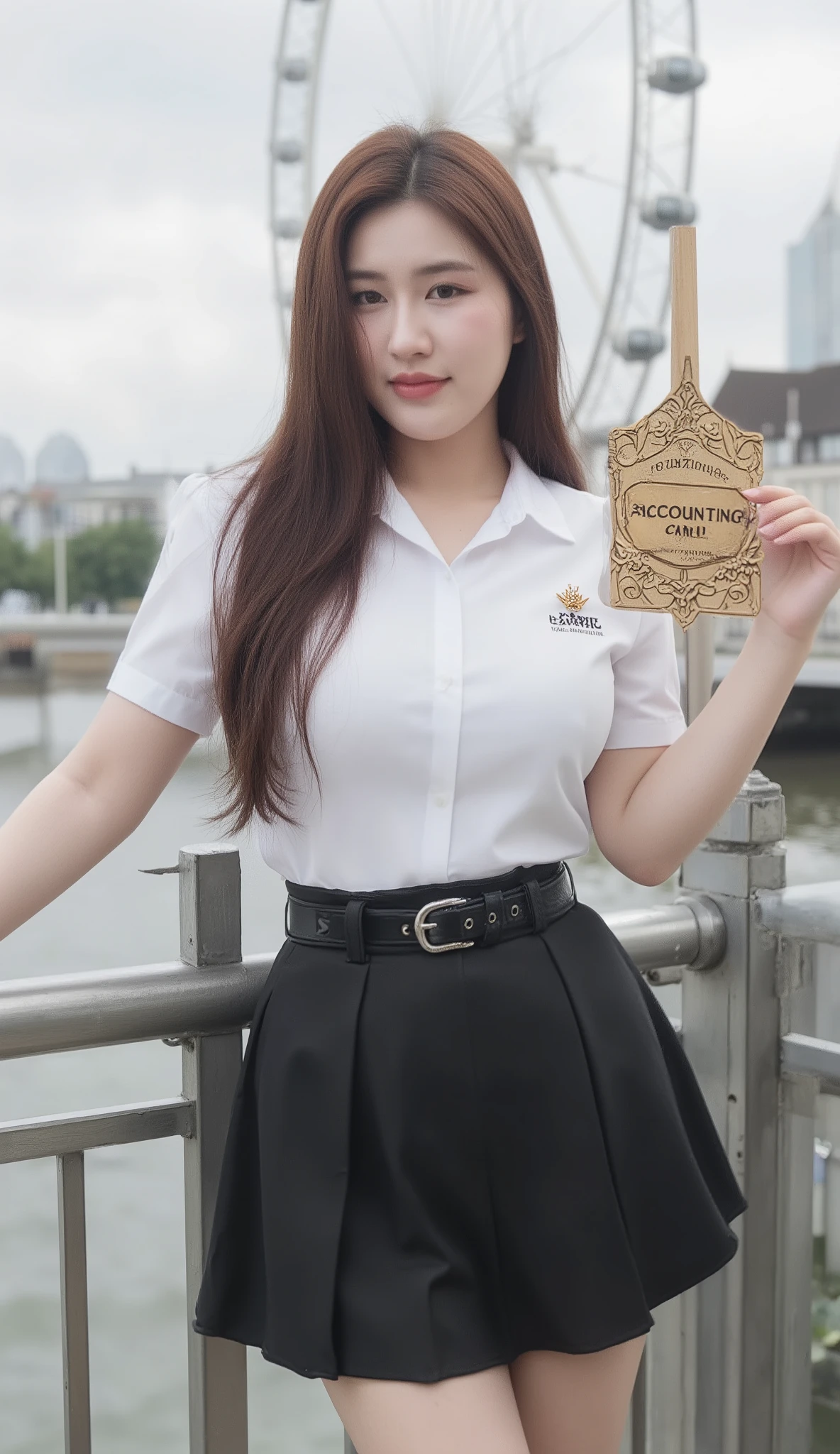 A portrait image shows a young Korean-Thai woman standing and leaning against an aluminium bridge railing on a bridge in London.
She has a long fluffy haircut, showing off her narrow forehead. She has a dark cherry red hair colour. She has a voluptuous figure. She is chubby-sexy. She wears a Thai Mahalai uniform (a light white short-sleeved collared shirt with "PwC" logo brooch on chest, a black leather LV belt and a short black pleated skirt). She smiles at the camera. She proudly holds a "Department of ACCOUNTING CMRU" sign.
It is the ornate signpost with a rectangular sign, measuring 50 cm wide and 20 cm tall, mounted on a 120 cm tall pole. The sign features intricate gold-colored decorative borders and a small crown-like ornament at the top. The text on the sign is ‘ACCOUNTING CMRU’. The sign is made of oak wood. The handle is made of a slim and long wooden stick.
The background is the London Eye. The overall landscape view is included. The vibe is formal. The image is presented for public relations for the university.
Highest image quality, high resolution, photorealistic, raw photo, and extremely detailed CG unified 8k wallpaper.