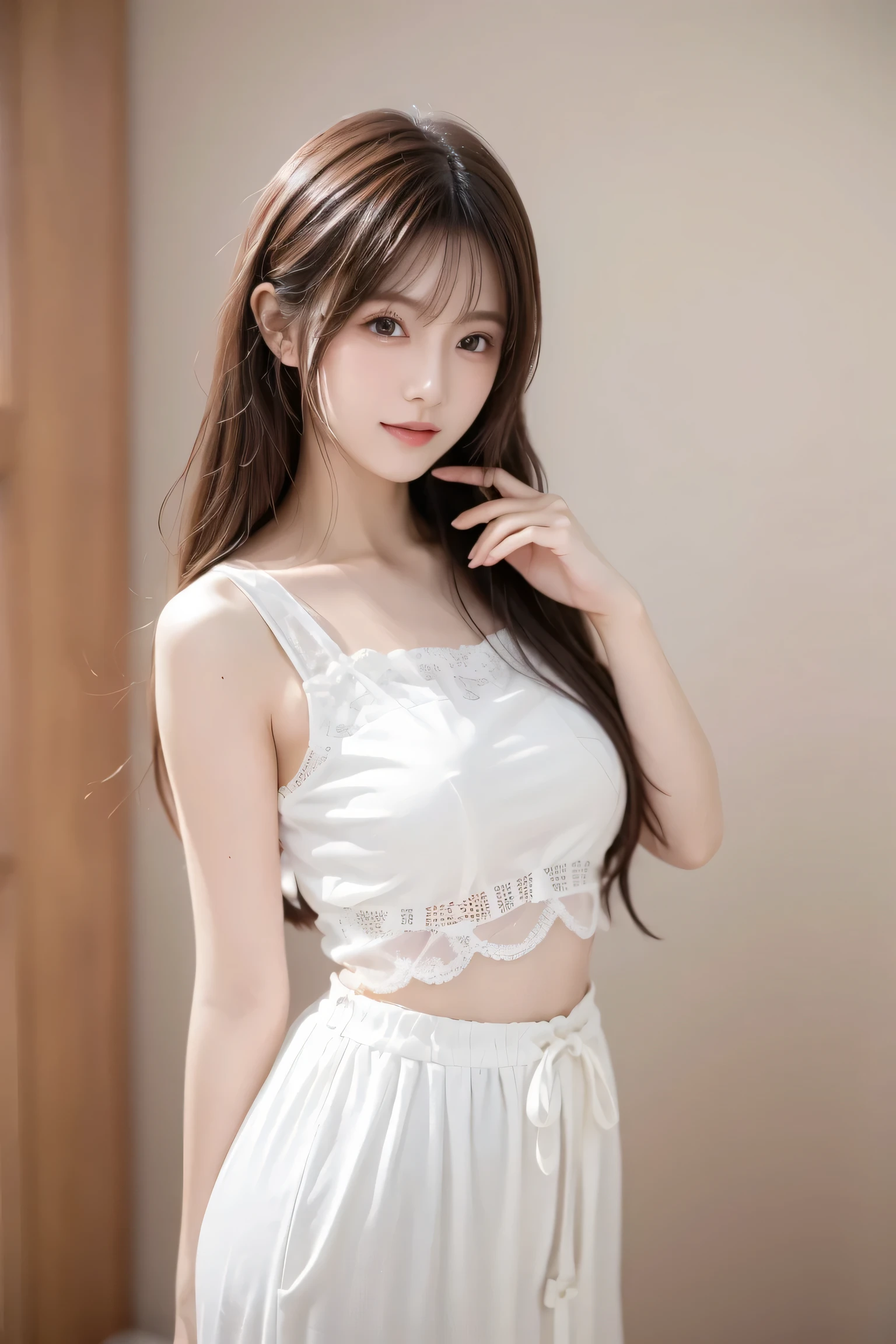 A woman with long hair and a white top is posing for a photo、 she says 、wearing a stylish white two-piece costume featuring a delicate lace pattern、look at the camera、Extremely beautiful eyes、smile、soft and gentle expression