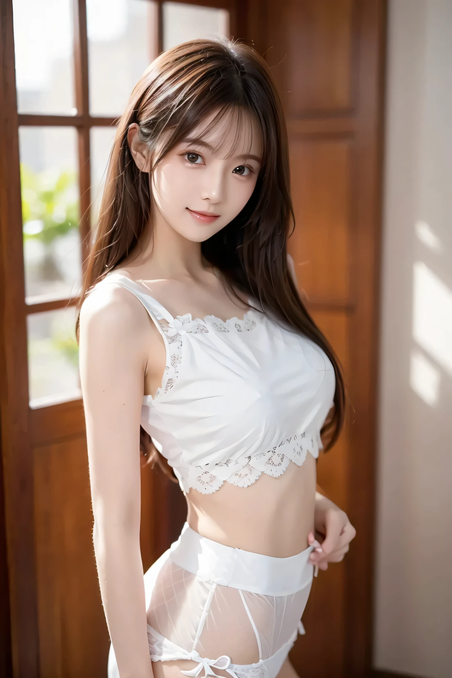 A woman with long hair and a white top is posing for a photo、 she says 、wearing a stylish white two-piece costume featuring a delicate lace pattern、look at the camera、Extremely beautiful eyes、smile、soft and gentle expression