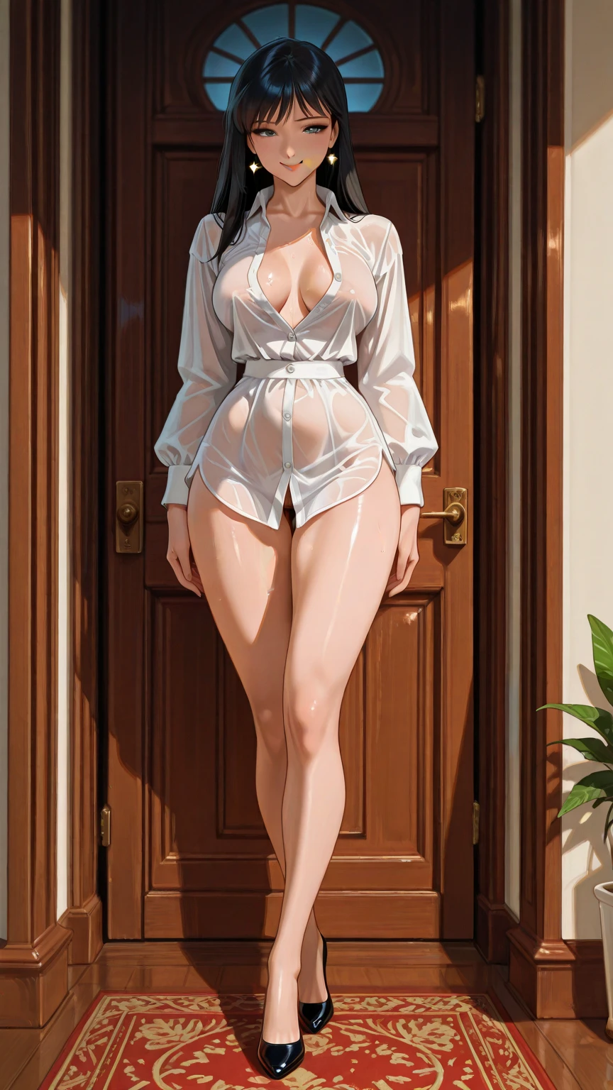 best quality,masterpiece,shiny blonde,blue eyes,foodie 
 clothes, look down on, whole body,hair strand,Fair skin,short bob,white swimsuit,wet through, clothes,french braid,blushing and red,swimsuit is traslusent,blunt bangs,hairline is black,headband,simple necklace,hoop earrings,small breasts,indoor,locker room,chaise longue,gladient hair,sandals,slender body,,smile gently,,Swimsuit that looks like it's about to come off