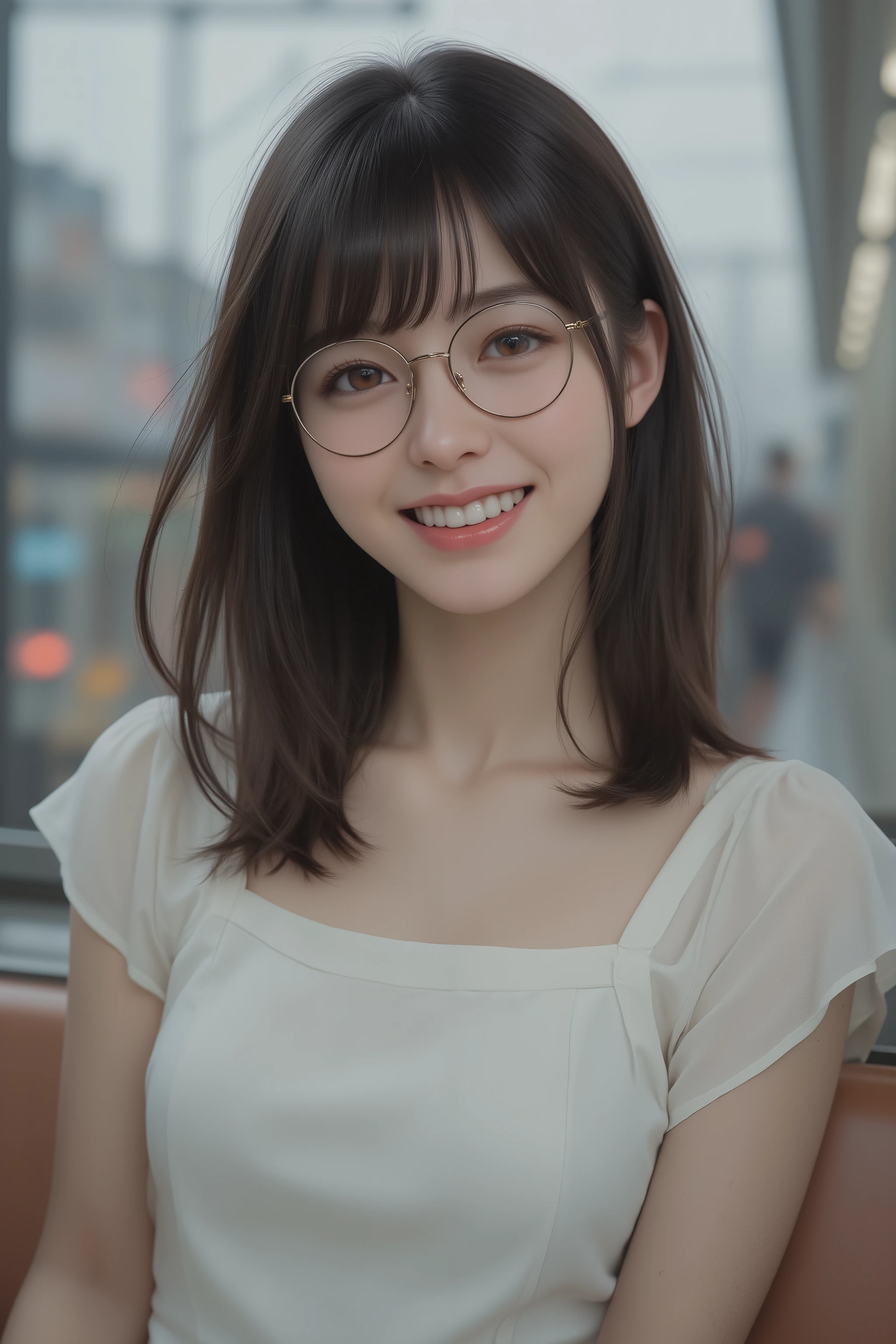 happy face of woman in white dress, black hair, Hair tie, Bang, wearing glasses, Sitting on the subway