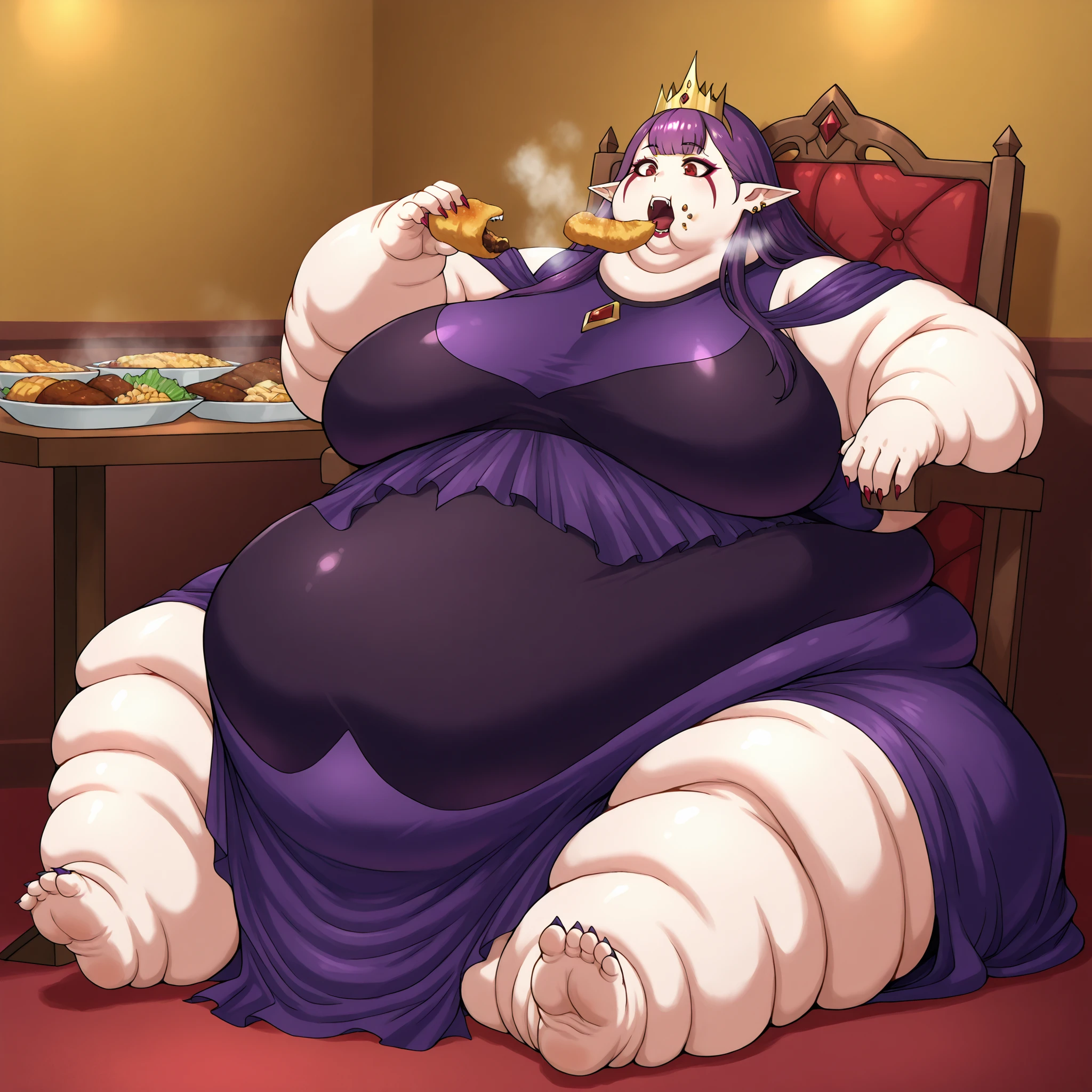 1girl, solo, open mouth, fangs, long hair, purple hair, red eyes, facial mark, pointy ears, earrings, Esil, royalty, dress, crown, makeup, lipstick, painted nails, fat, chubby, obese, fat neck, multiple chins, big breasts open mouth, out of breath, Larger female, full body shot, only head, large head, oversized limbs, large hands, large feet, oversized feet, oversized fingers, big lips, plump lips, fat face, fupa, big fupa, fat fupa, sitting on chair, sitting down, table, dinning room, in front of tones of food, eating food, food in mouth, force fed, force feeding, (lora:force-feeding-ponyxl-lora-nochekaiser:1>, force-feeding, feeding, forced, full mouth, food, eating), rush of food, reclining back on chair, Extremely obese puffy puffy fat Body Length
