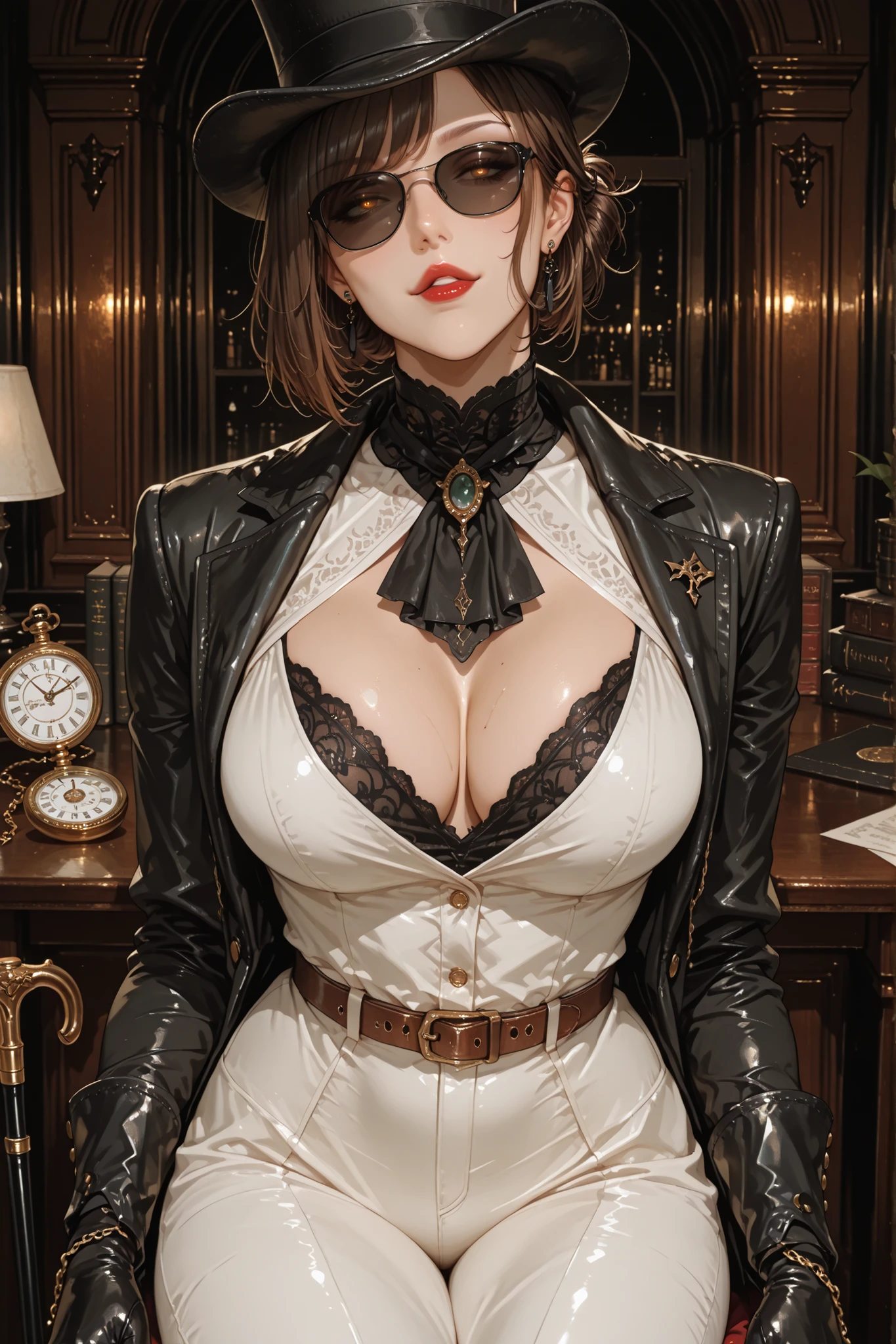 score_9, score_8_up, score_7_up, score_6_up, score_5_up, score_4_up, Label 1, Label2, quality_masterpiece, Anatomically correct, beautiful face, perfect face, sexy attractive face, Detailed Face, Delicate Facial Features, detailed, Very detailed & Beautiful ,seductive, elegant, Glamour, beautiful and dazzling, Lip details, neckline, Hot neckline, seductive, sexy posture, score_9, score_8_up, (masterpiece), ultra detailed, expressive eyes, perfect face,  (colors CMYK), (ultrahd, 8K), (intricate details), (Absurds), (Very detailed), brown hair, bob cut, red lips, sunglasses, smirk, cleavage, fit body, formal white suit, black hair, short hair,  black jacket, turtleneck, black gloves, belt, standing, parted lips, indoors, black sunglasses, polished brass buttons, pocket watch chain visible at the waist, ankle-high lace-up boots, narrow leather belt, dark top hat or structured bowler, hair tied neatly beneath, understated earrings or brooch, elegant cane, only one cane, sitting, opulent office, victorian office, 