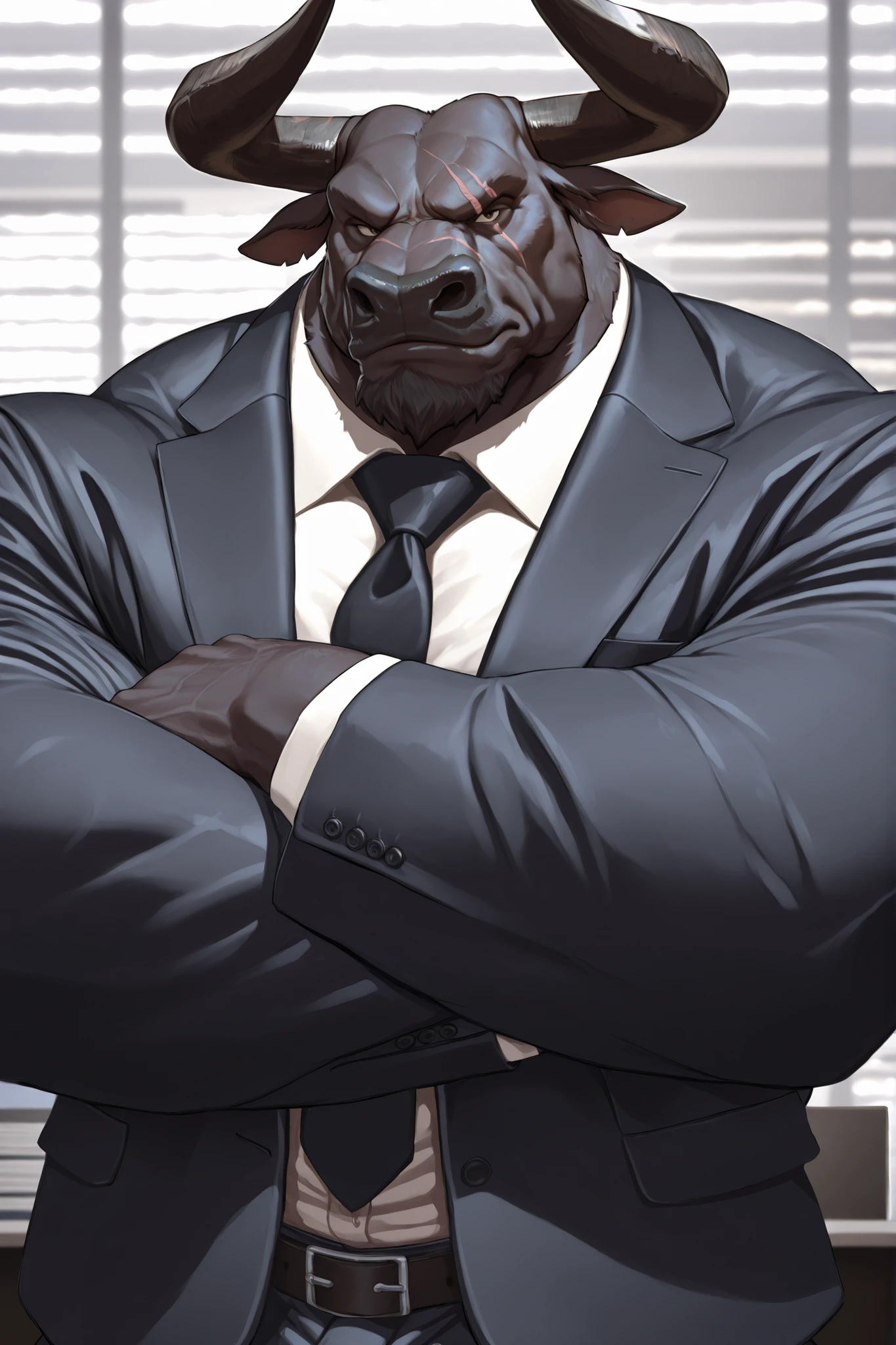 solo, masterpiece:1.3, muscular man, furry black bull, suits, office, film looks, firm, serious, strong, pose, looking to viewer, scar on face, highly detailed, 8k, semi realistic, Anatomically Correct, Best Quality, Textured Skin, Ray Tracing, detailed face, detailed eyes