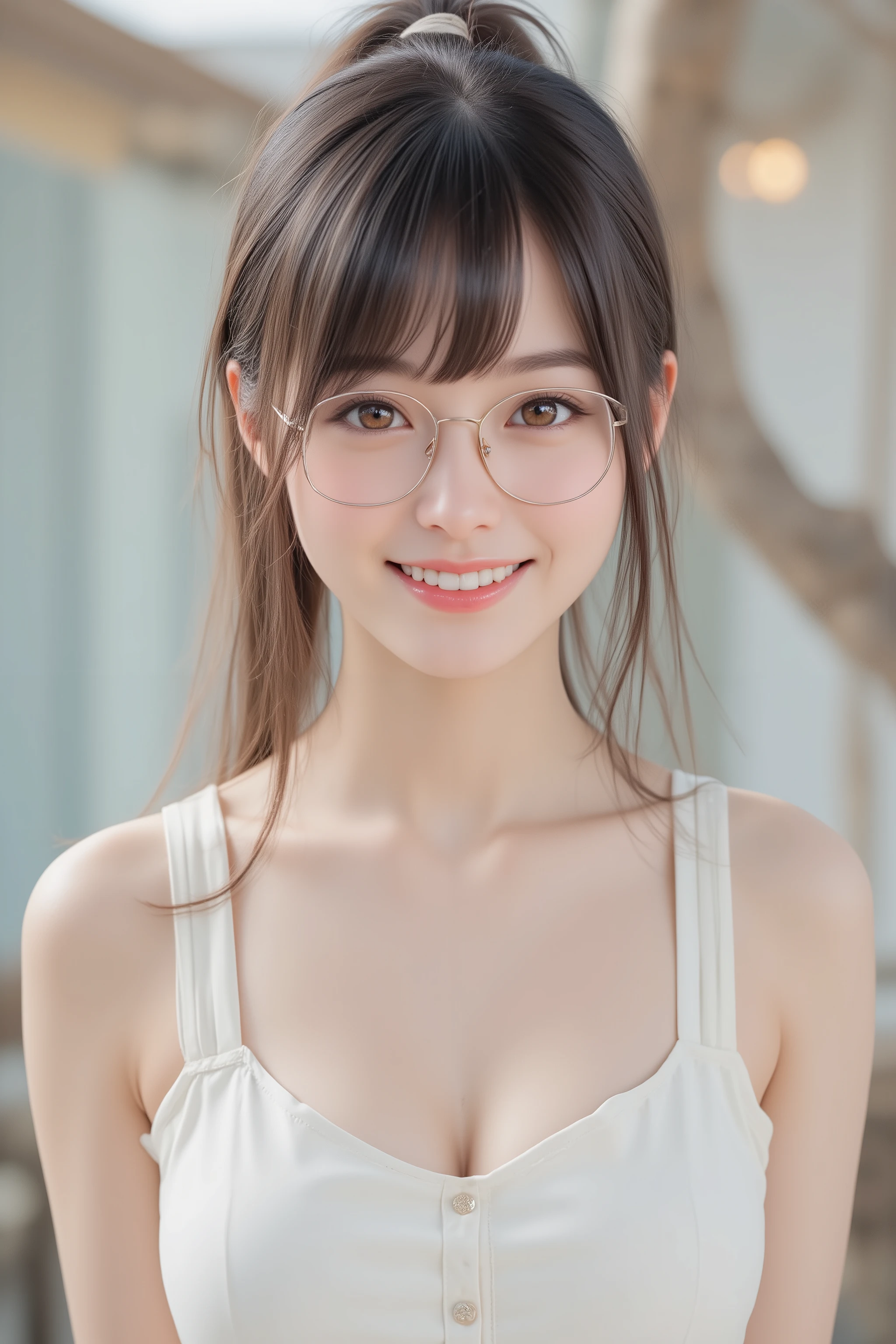 happy face of woman in white dress, black hair, Hair tie, Bang, wearing glasses, standing,((Full Body)),