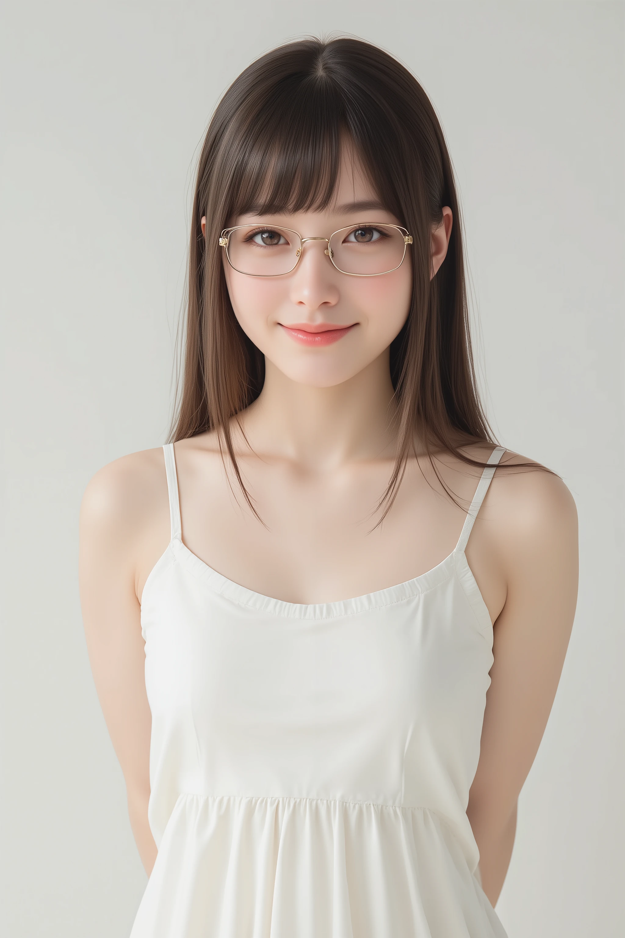 happy face of woman in white dress, black hair, Hair tie, Bang, wearing glasses, standing,FULL LENGTH,