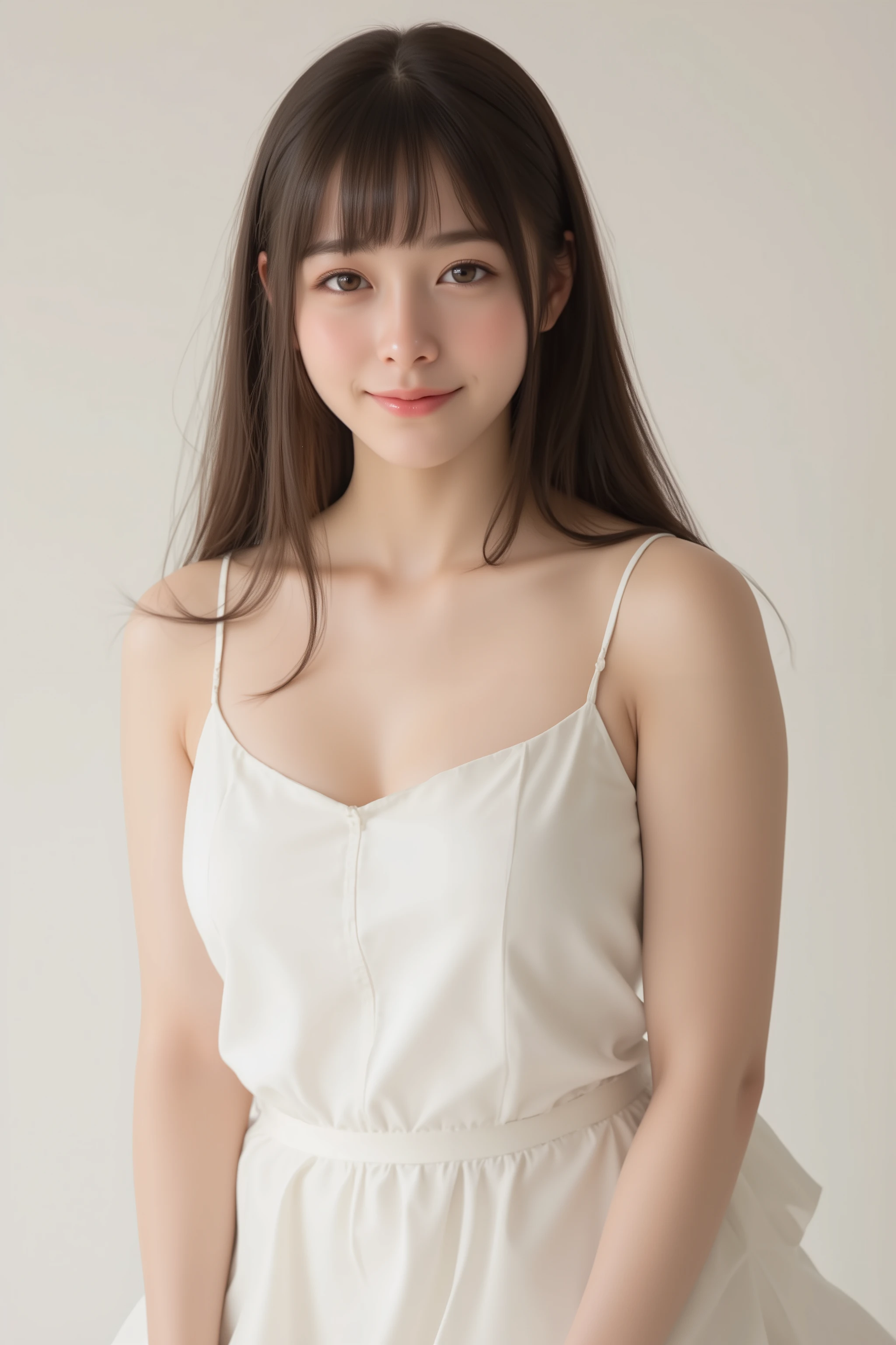 happy face of woman in white dress, black hair, Hair tie, Bang, wearing glasses, standing,FULL LENGTH,