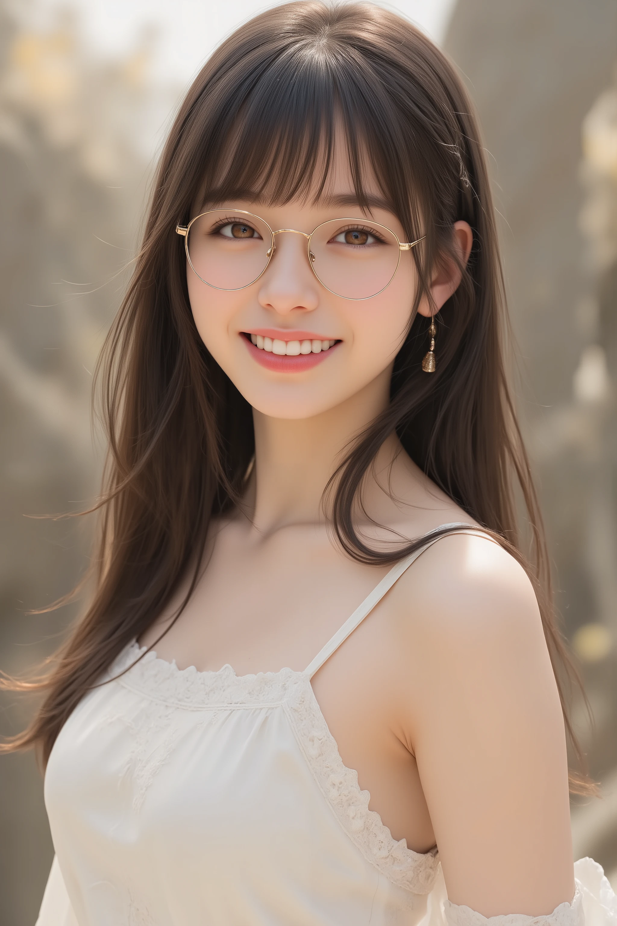 happy face of woman in white dress, black hair, Hair tie, Bang, wearing glasses, standing,(( full body depiction)),