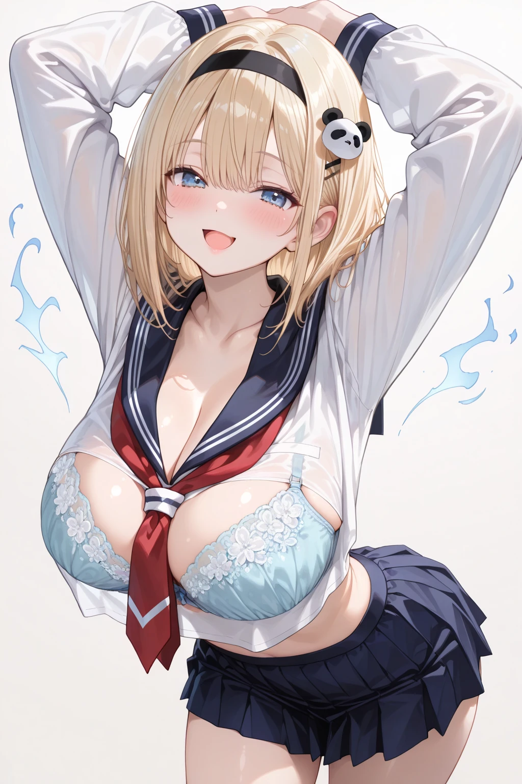 soft lighting, atmospheric, 1girl, solo,charming smile,lime green eyes,red cheeks,wide ????,thick thighs,legwear,thigh highs,puffy ??????,????? gigatic ???????:1.5), bent ????? ears,black ????? ears, (subsurface scattering)+, short hair,(((white sailor))),((very long red sailor tie)), (((pleated navy very short micro mini skirt))),(((see-through white mini panties)))low reg panties, messy hair, (white short sleeve),black high heels,under boob,squat,low reg skirt