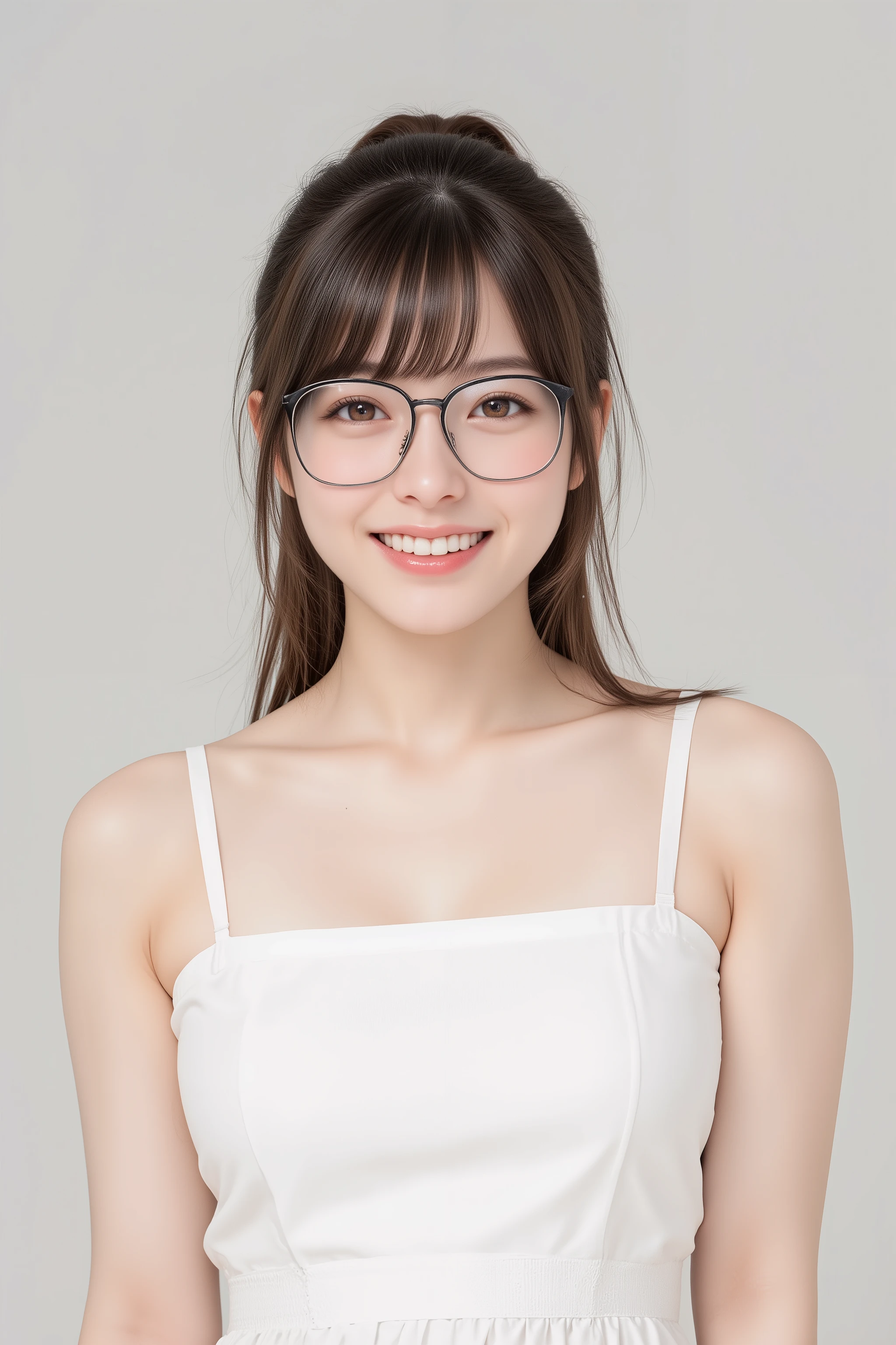 happy face of woman in white dress, black hair, Hair tie, Bang, wearing glasses, standing,((Drawing from the knees up)),Above the knee,