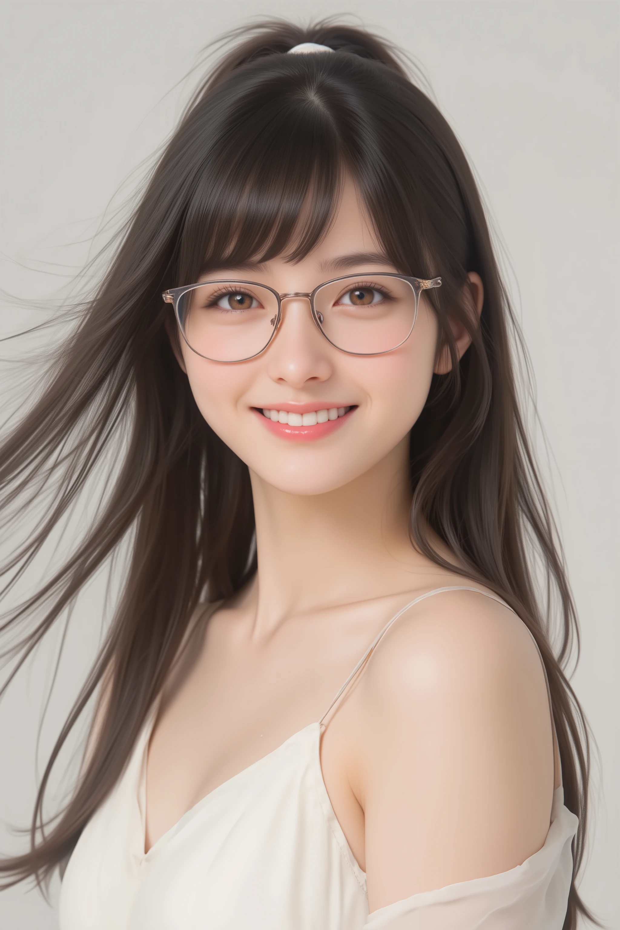 happy face of woman in white dress, black hair, Hair tie, Bang, wearing glasses, standing,((Depiction from the thighs up)),hhizaue