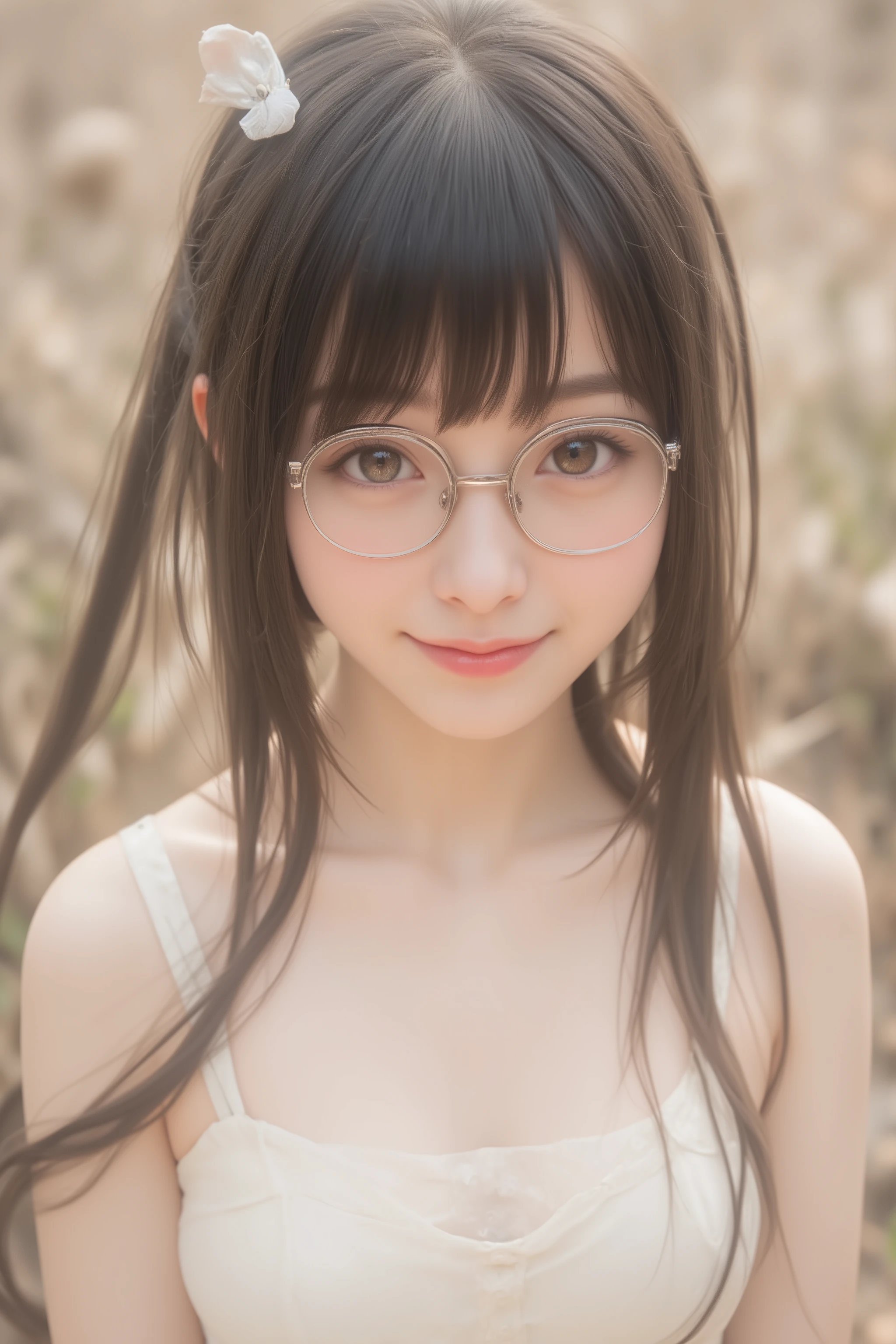 happy face of woman in white dress, black hair, Hair tie, Bang, wearing glasses, standing,(Depiction from the thigh up),Above the knee,