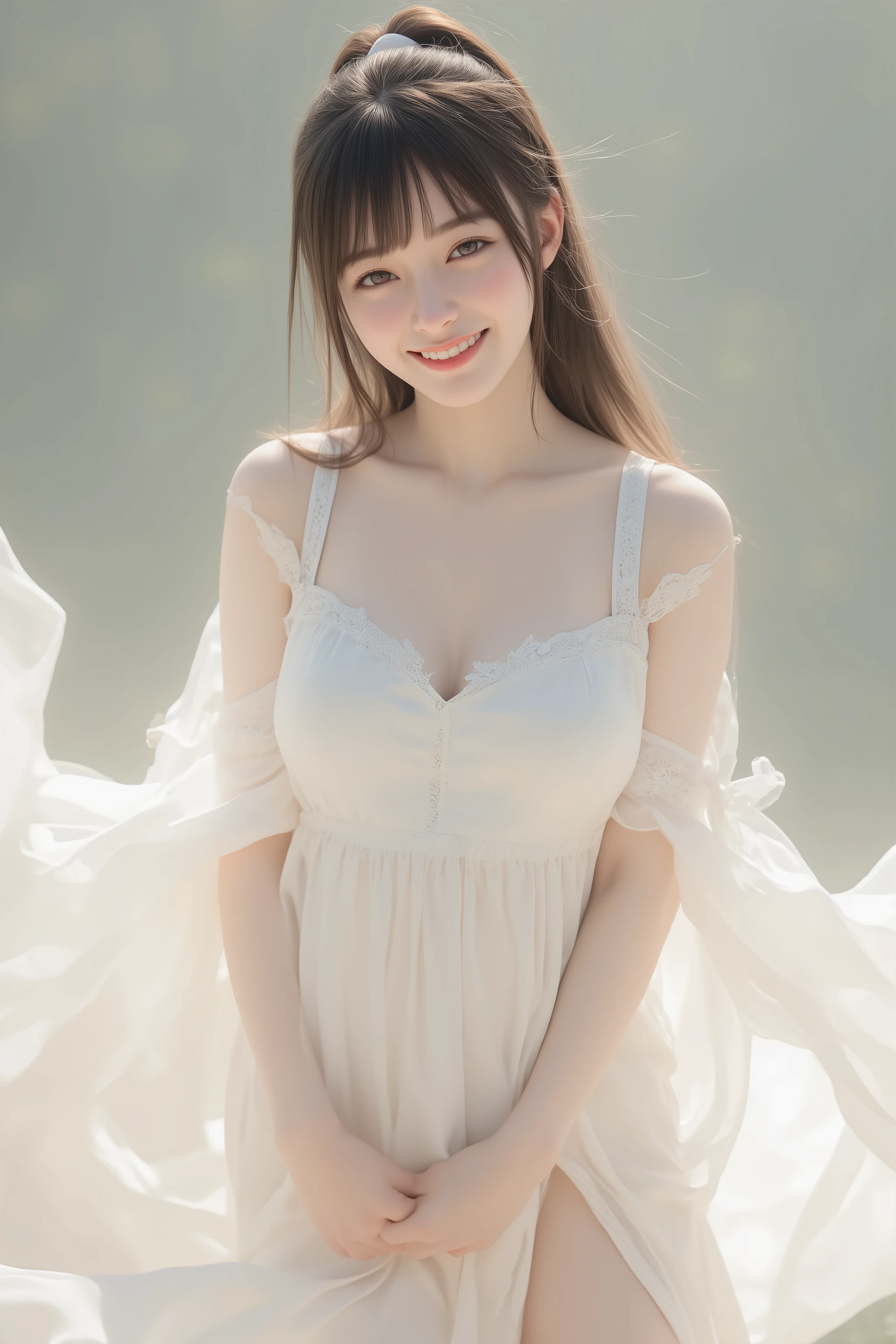 happy face of woman in white dress, black hair, Hair tie, Bang, Above the knee, standing,(Depiction from the thigh up),