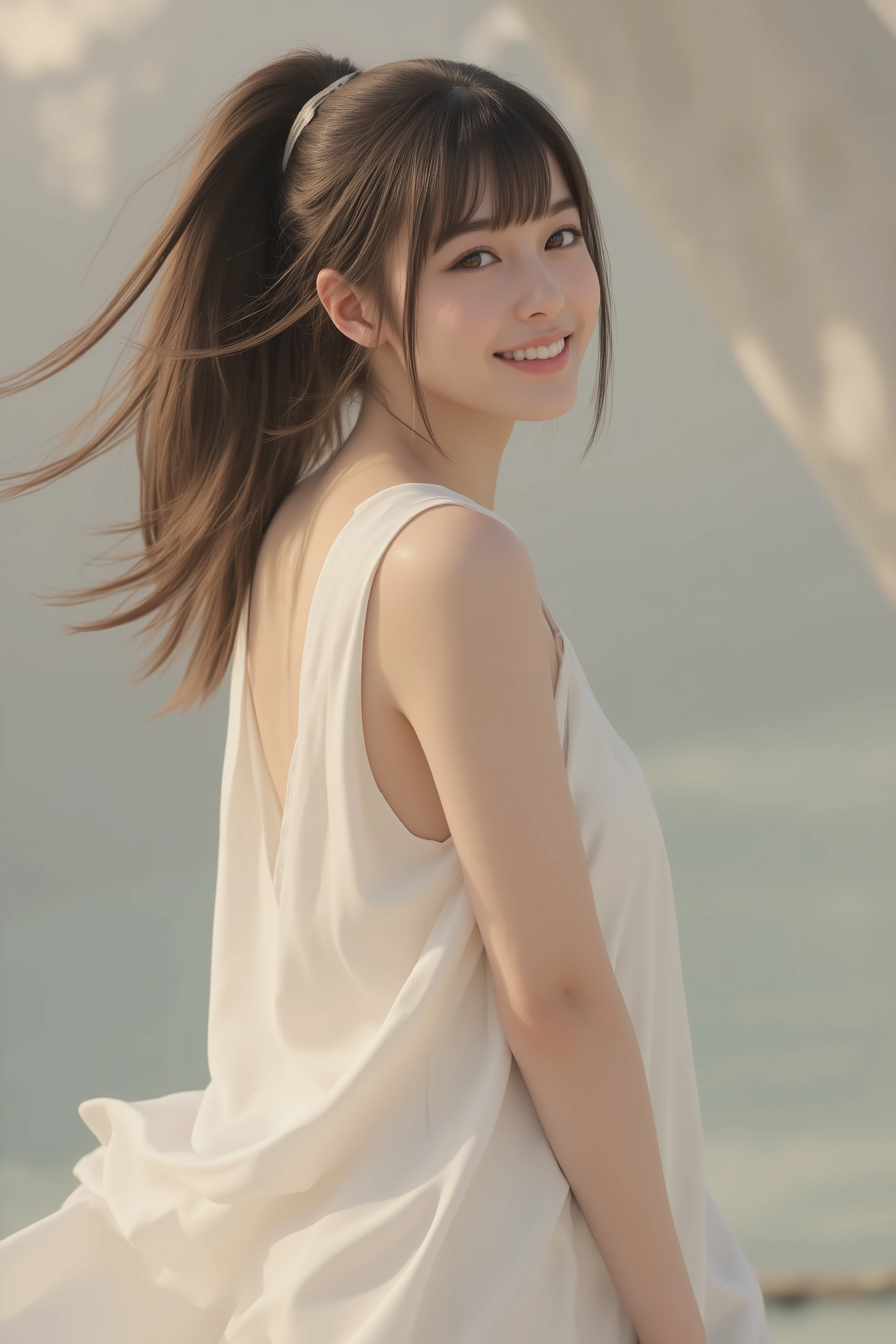 happy face of woman in white dress, black hair, Hair tie, Bang, Above the knee, standing,(depicts the whole body),