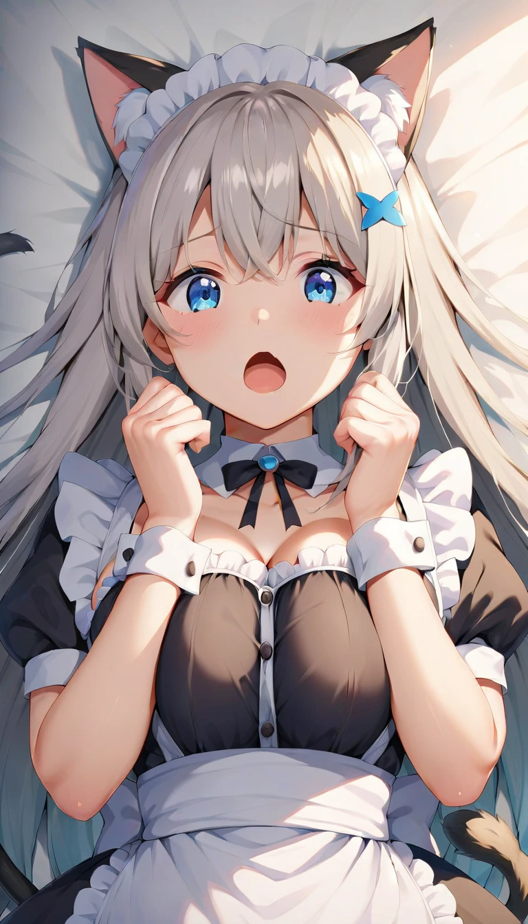 {{{masterpiece}}}, {{{best quality}}}, {{ultra-detailed}}, {beautiful, detailed eyes}, 1girl, solo, ((white hair)), very long hair, blue eyes, (straight hair), (bangs), animal ears, (stoat ears:1.2), Choker, ahoge, fang, (big stoat Tail:1.2), (blue X hairpin), (cute maid outfit), shocked, aesthetic,Eyes
