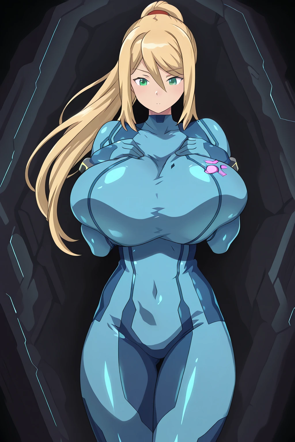 (Shadman warner art:1.2), (human Samus Aran:1.2), (from Metroid), (in dungeon), (exhausted ??????), (sweaty:1.2), (detailed face and eyes:1.2), (zero suit:1.2), (tight skimpy suit:1.2), (transparent:1.4), (see-through:1.4), (detailed armpit:1.2), (blush:1.2), (busty), (????????????:1.2), (deep cleavage), (??????? bulge:1.3), (????????:1.2).