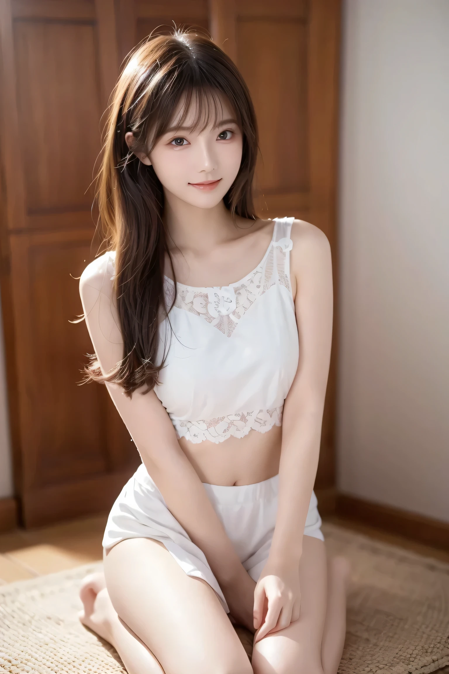 A woman with long hair and a white top is posing for a photo、 she says 、wearing a stylish white two-piece costume featuring a delicate lace pattern、look at the camera、Extremely beautiful eyes、smile、soft and gentle expression、seconds above the knee y、