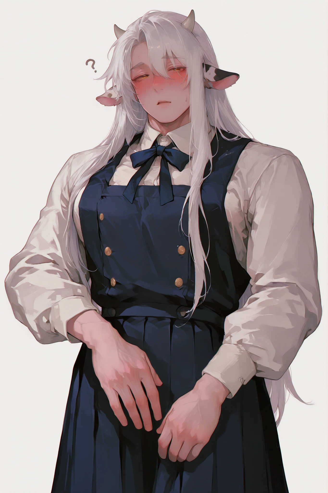 (Only one cow) A chubby semi-human dairy cow, very long white hair, low column, small dairy cow horns,  dairy cow ears,  Young Beautiful Face , beautiful body,   soft skin ,   soft body   ,large pectoral muscles ,  toning hips , tender eyes, confused blushing., wearing school uniform , dress.