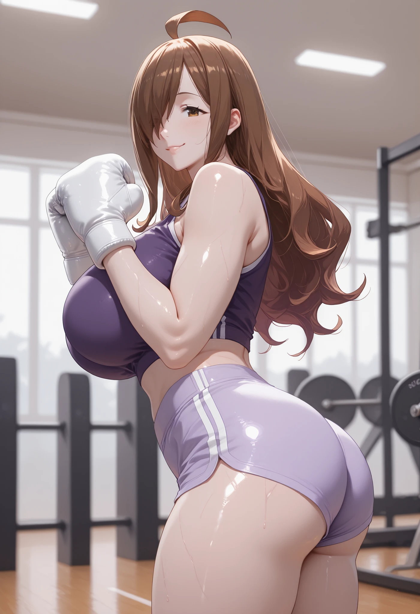 score_9, masterpiece, top quality, vibrant, Very Aesthetic, High Contrast , Semi-realistic, , natural light, wiz,wiz \(konosuba\), long hair, light brown hair, hair over one eye, bangs,ahoge, brown eyes, , huge breasts,, Purple shirt, , athletic body, midriff, wide hips, thin waist, thick thighs, sexy smile,, shiny skin, seductive, , vivid colors,, , dynamic pose, ,shiny skin, look at viewer, perfect anatomy, indoors, , blurry background, light purple shorts, sport clothes, perfect hand, gym, indoors,, white boxing gloves, side view, round ass, big ass,
