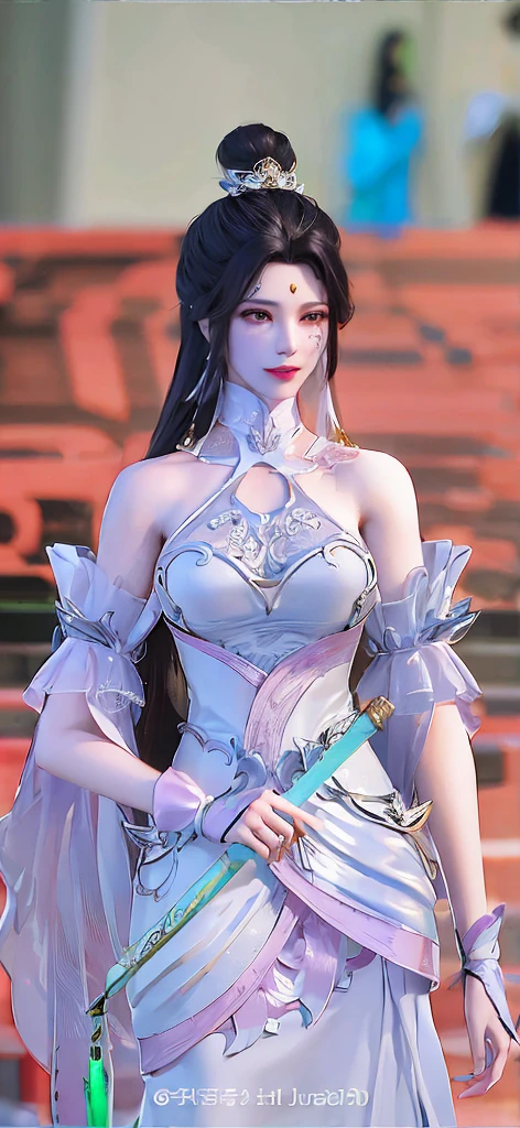araffe woman in a white dress with a blue bow and a sword, pale milky white porcelain skin, a beautiful fantasy empress, trending on cgstation, ornate cosplay, anime girl cosplay, trending at cgstation, cosplay, queen of the sea mu yanling, anime cosplay, full body xianxia, pale snow white skin, captured on canon eos r 6