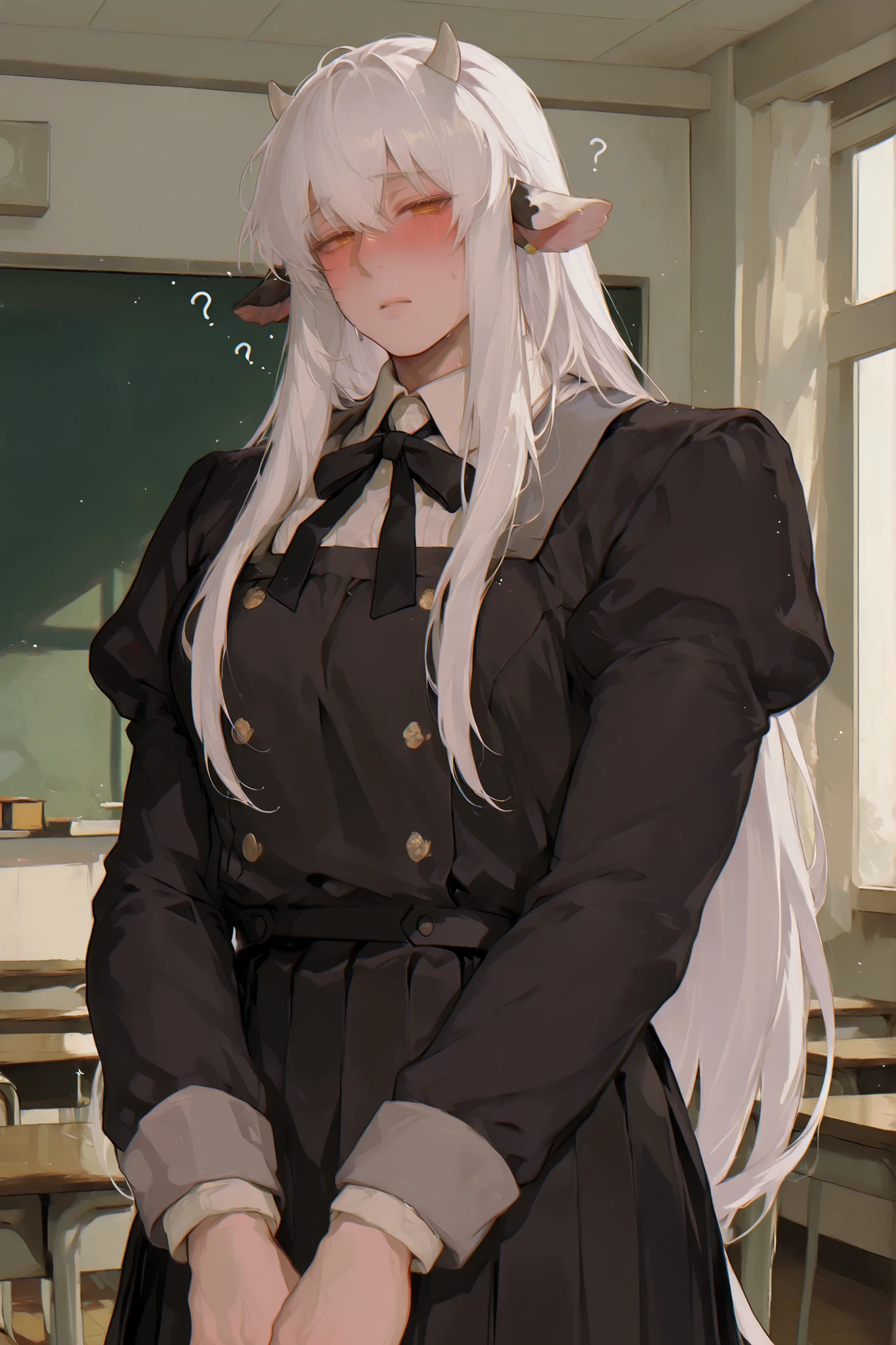 (Only one cow) A chubby semi-human dairy cow, very long white hair, low column, small dairy cow horns,  dairy cow ears,  Young Beautiful Face , beautiful body,   soft skin ,   soft body   ,large pectoral muscles ,  toning hips , tender eyes, confused blushing., wearing school uniform , dress. Classroom background.