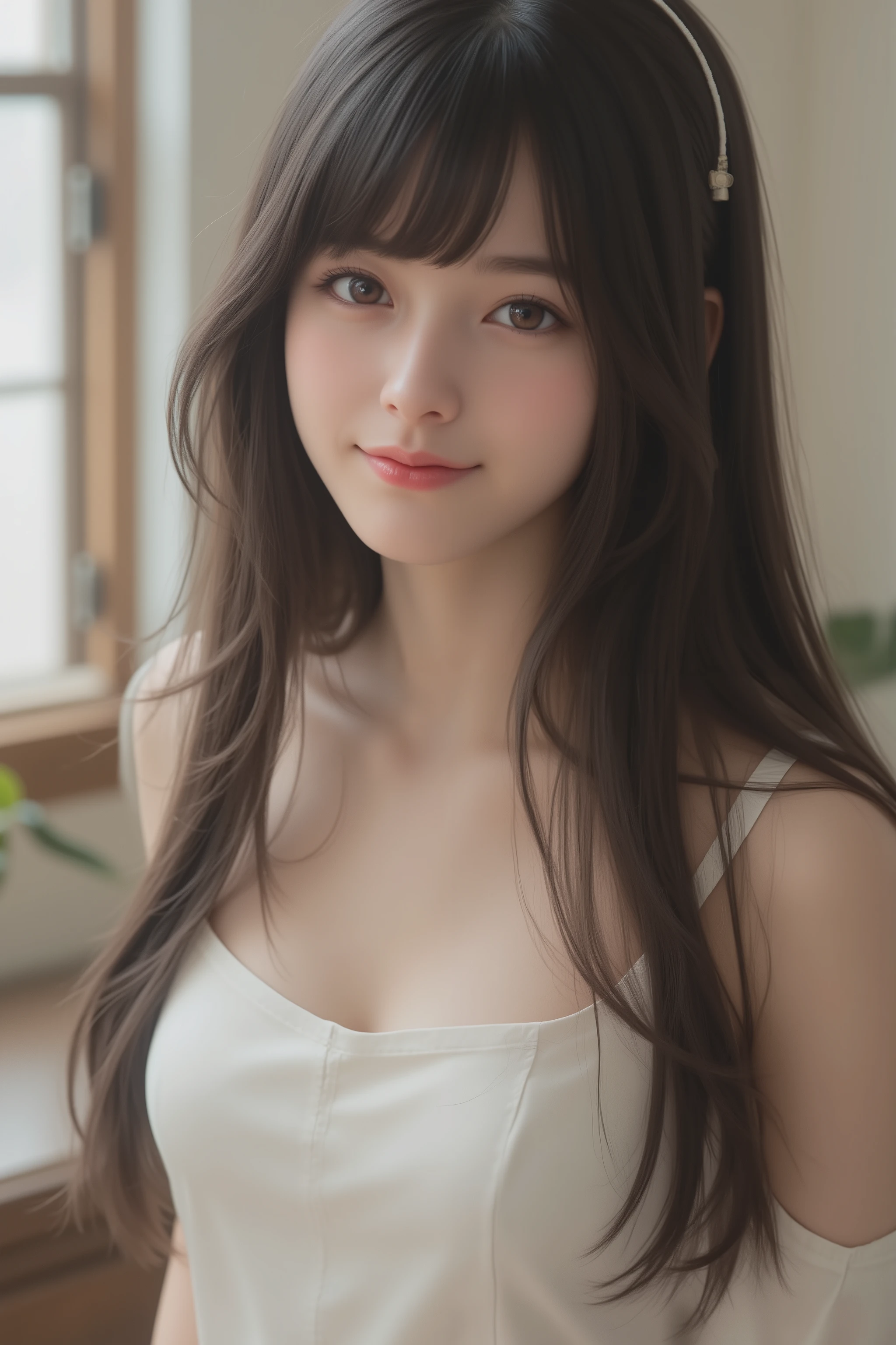 happy face of woman in white dress, black hair, Bang, standing in the teacher's house、Depicting the body from the knees up、