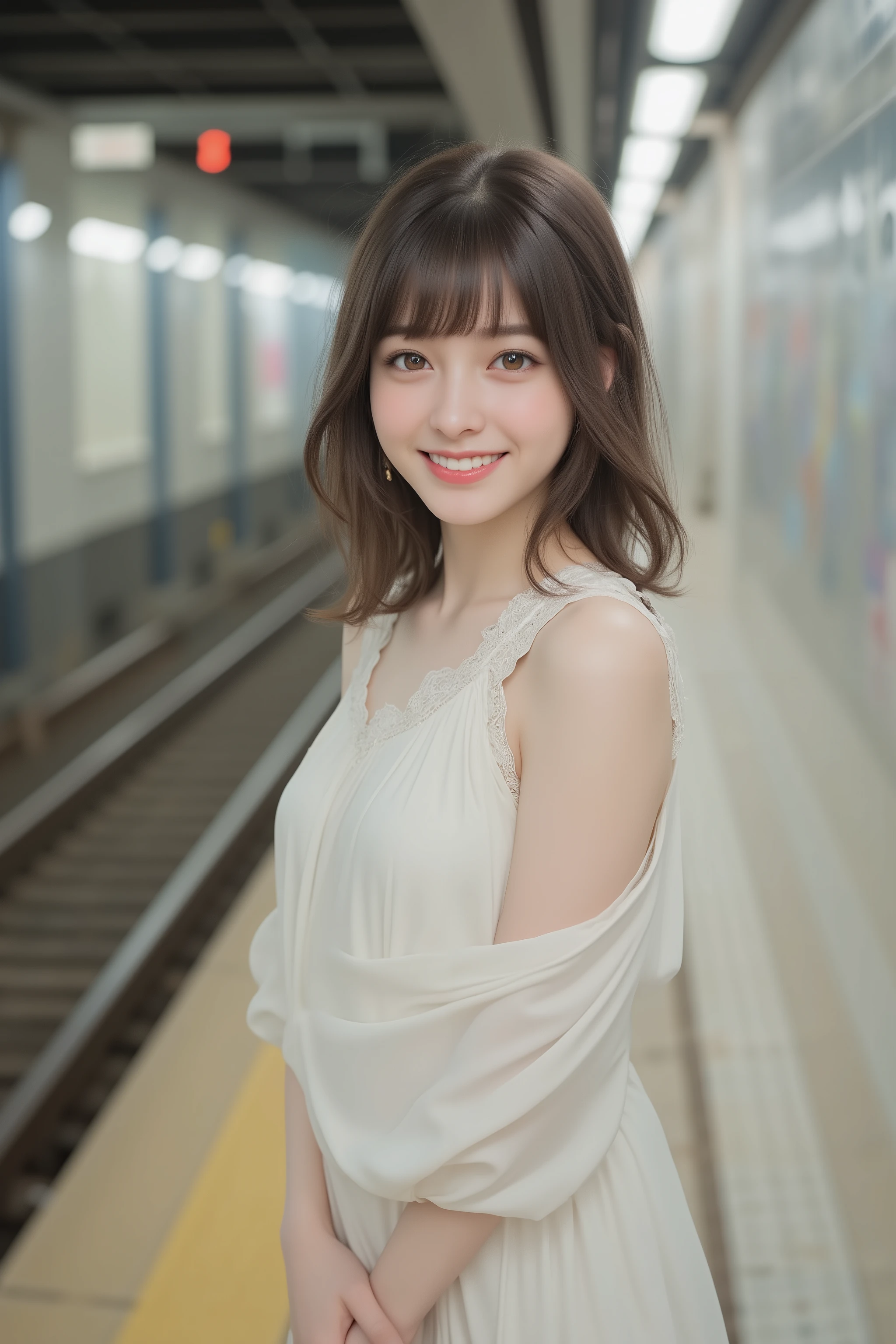 happy face of woman in white dress, black hair,  Bang,hairstyle random, Standing on the subway, full body depiction,