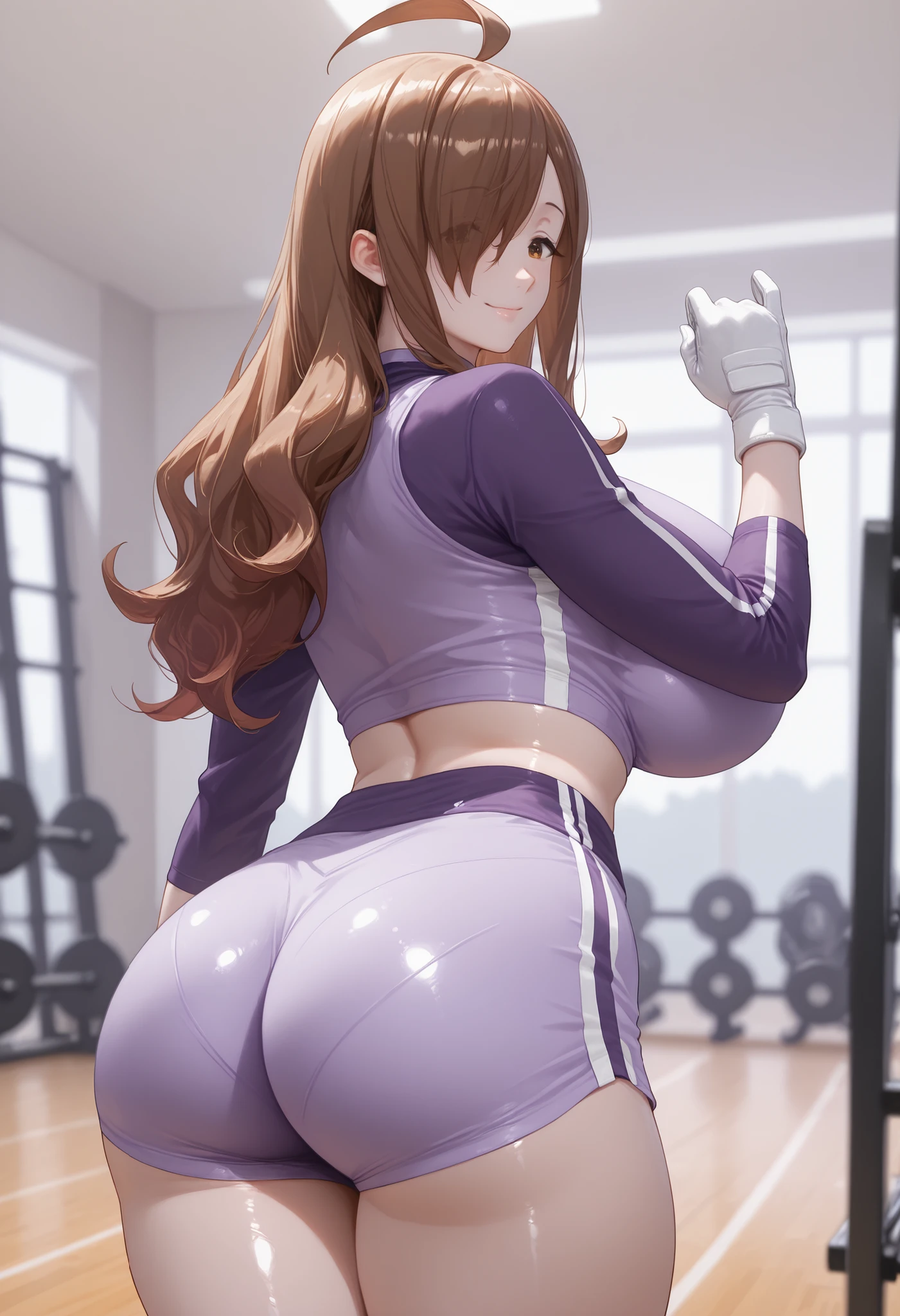 score_9, masterpiece, top quality, vibrant, Very Aesthetic, High Contrast , Semi-realistic, , natural light, wiz,wiz \(konosuba\), long hair, light brown hair, hair over one eye, bangs,ahoge, brown eyes, , huge breasts,, Purple shirt, , athletic body, midriff, wide hips, thin waist, thick thighs, sexy smile,, shiny skin, seductive, , vivid colors,, , dynamic pose, ,shiny skin, look at viewer, perfect anatomy, indoors, , blurry background, light purple shorts, sport clothes, perfect hand, gym, indoors,, white sport gloves, back view, round ass, big ass, looking back