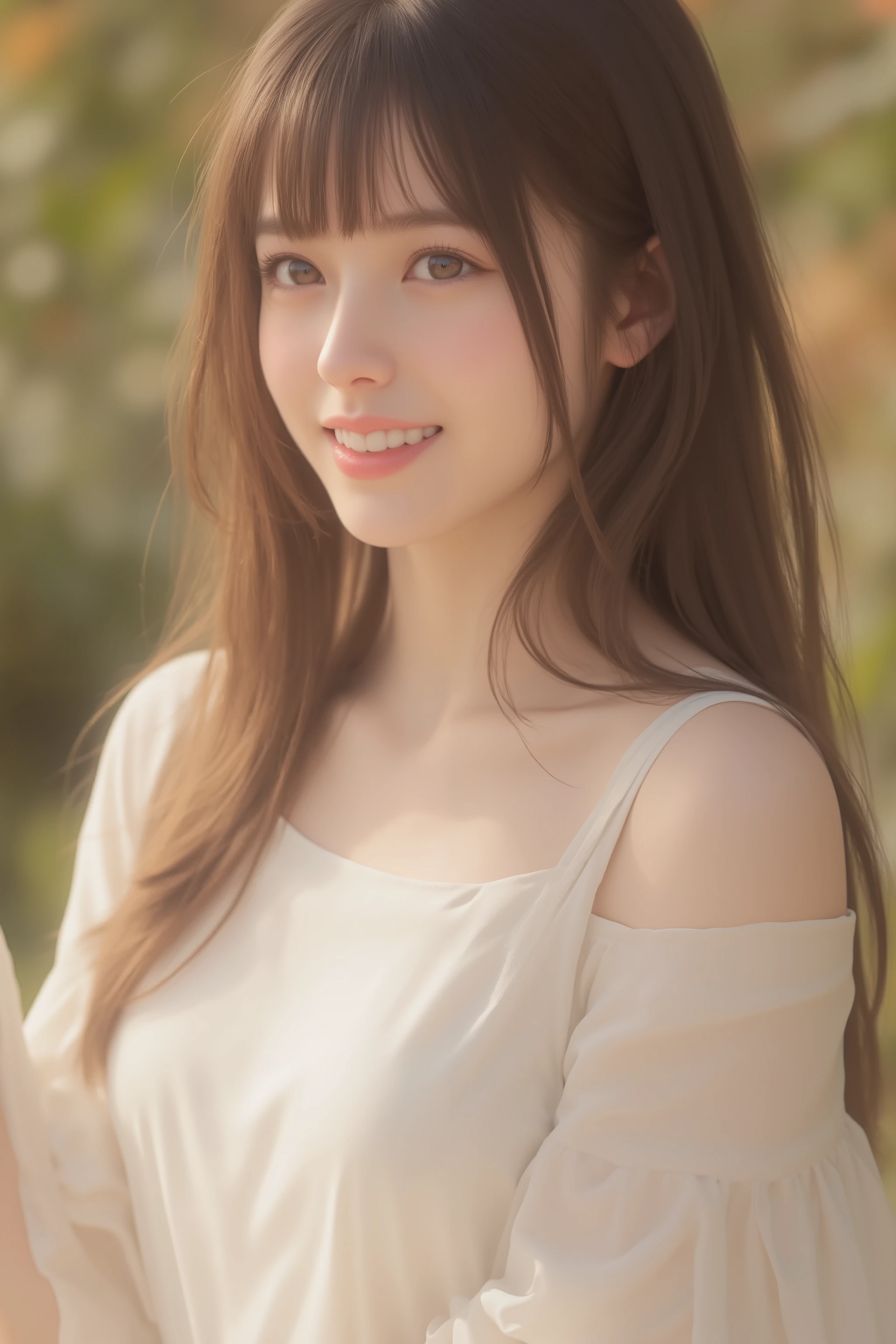 happy face of woman in white dress, black hair, hairstyle random, Bang, standing,from the knee up,