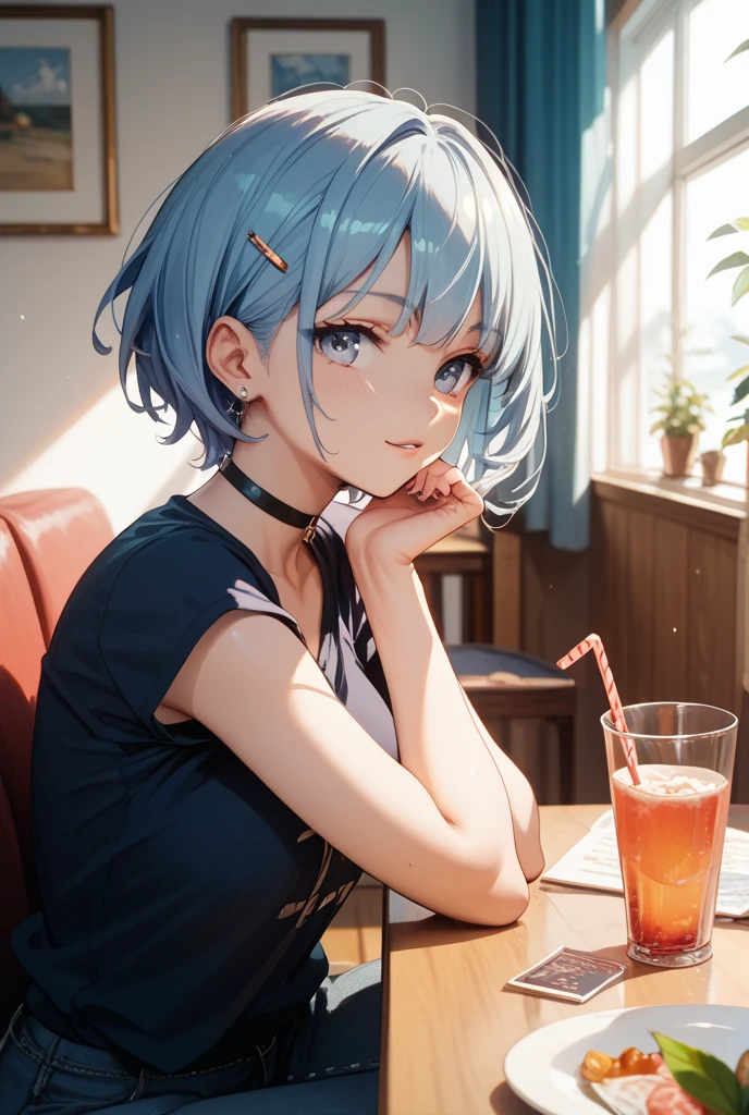 (Highest quality:1.4、8K:1.4、detailed)、F cup 、、Slim body、Very white beautiful skin、((((1 person、Surprised expression、sit、Chair、In the background are the urban buildings of Tokyo、looking at the camera、Outdoor café terrace、coastal、Navy hair color、juice、Shooting up close、table、Very cute face))))、(Pose of putting hair behind ears with hands:1.4）、((((、Off-the-shoulder sweater))))、、Very blue sky、A completely cloudless sky