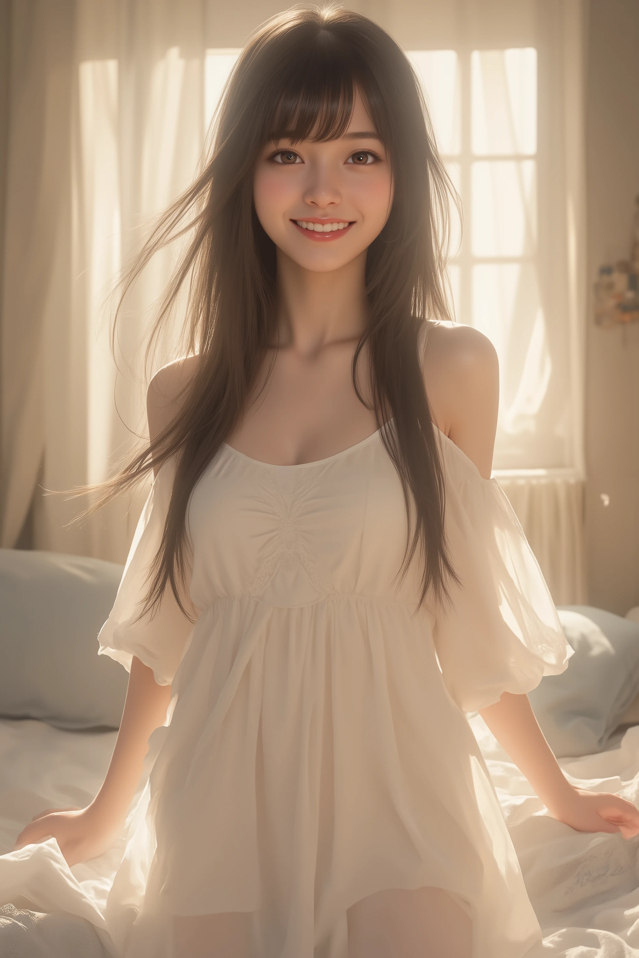 happy face of woman in white dress, black hair, Random hairstyle, Bang,bedroom, Depiction from above the knee、standing in the teacher's house、