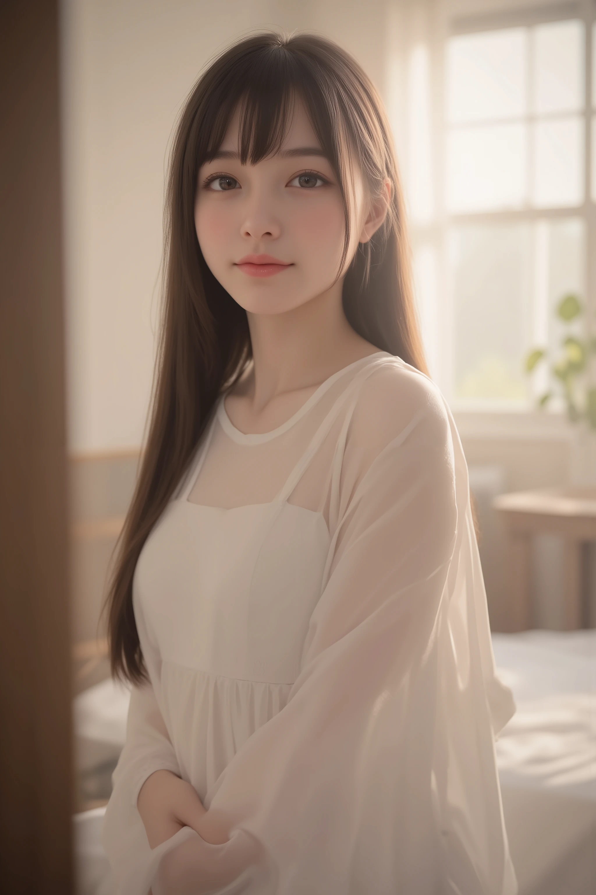 happy face of woman in white dress, black hair, Random hairstyle, Bang,bedroom, Depiction from above the knee、standing in the teacher's house、