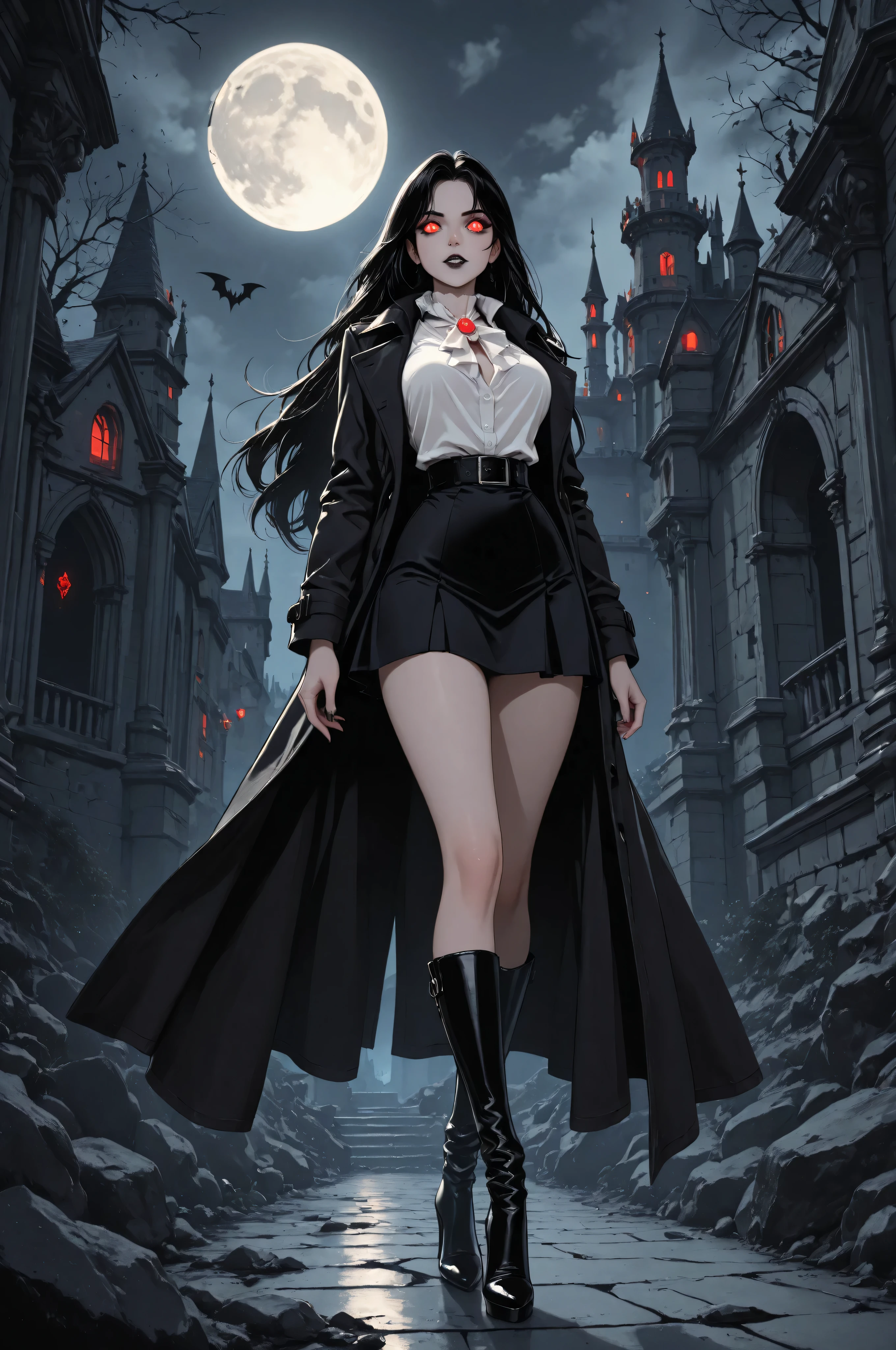 score_9, score_8_up, score_7_up, score_6_up, score_5_up, score_4_up, black and white 19th century photograph style, of a female vampire in the night, a goth beauty, exquisite beautiful female vampire, best detailed face, red glowing eyes, full body, busty, wearing white bottom shirt, short skirt,  wearing high heeled boots, wearing  black trench coat, flowing trench coat, it is night time, moon light. moon rays, goth castle, background, vibrant, Ultra-high resolution, High Contrast, (masterpiece:1.5), highest quality, Best aesthetics), best details, best quality, highres, ultra wide angle, 16k, [ultra detailed], masterpiece, best quality, (extremely detailed) RAW,  ral-chrosc-bw