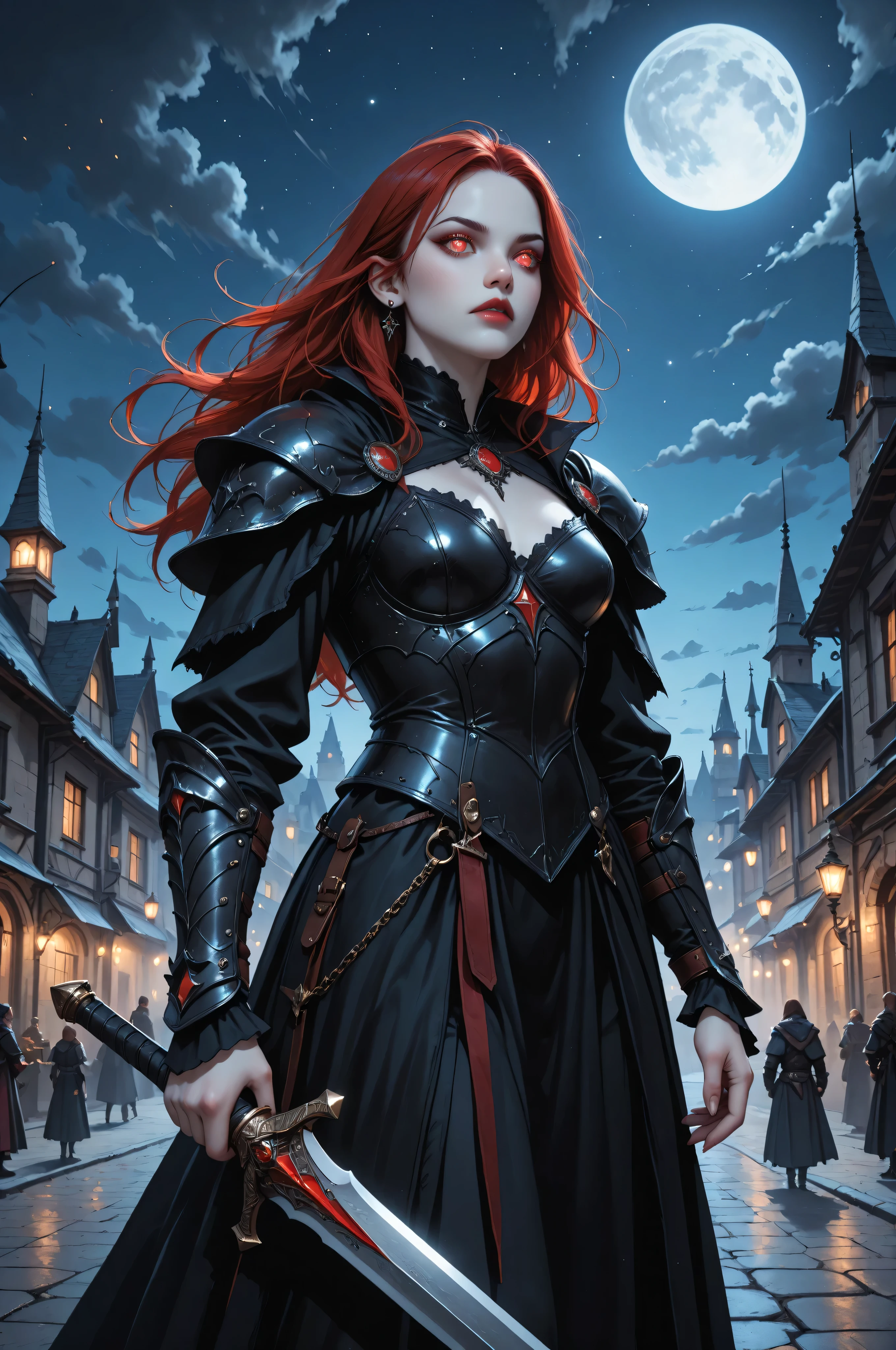 commix style,fantasy,dungeon and dragon ,GlowingRunesAI_green,FairyTaleAI, dark fantasy art, gothic art, a picture of a vampire ready for battle, female vampire, wearing heavy armor, armed with a sword, shining sword, ultra detailed face, pale skin, glowing eyes, red eyes, ultra feminine, pale skin, dynamic hair, dark fantasy urban street , night time, moon light, star light, clouds GlowingRunesAI_red, fantasy, commix style