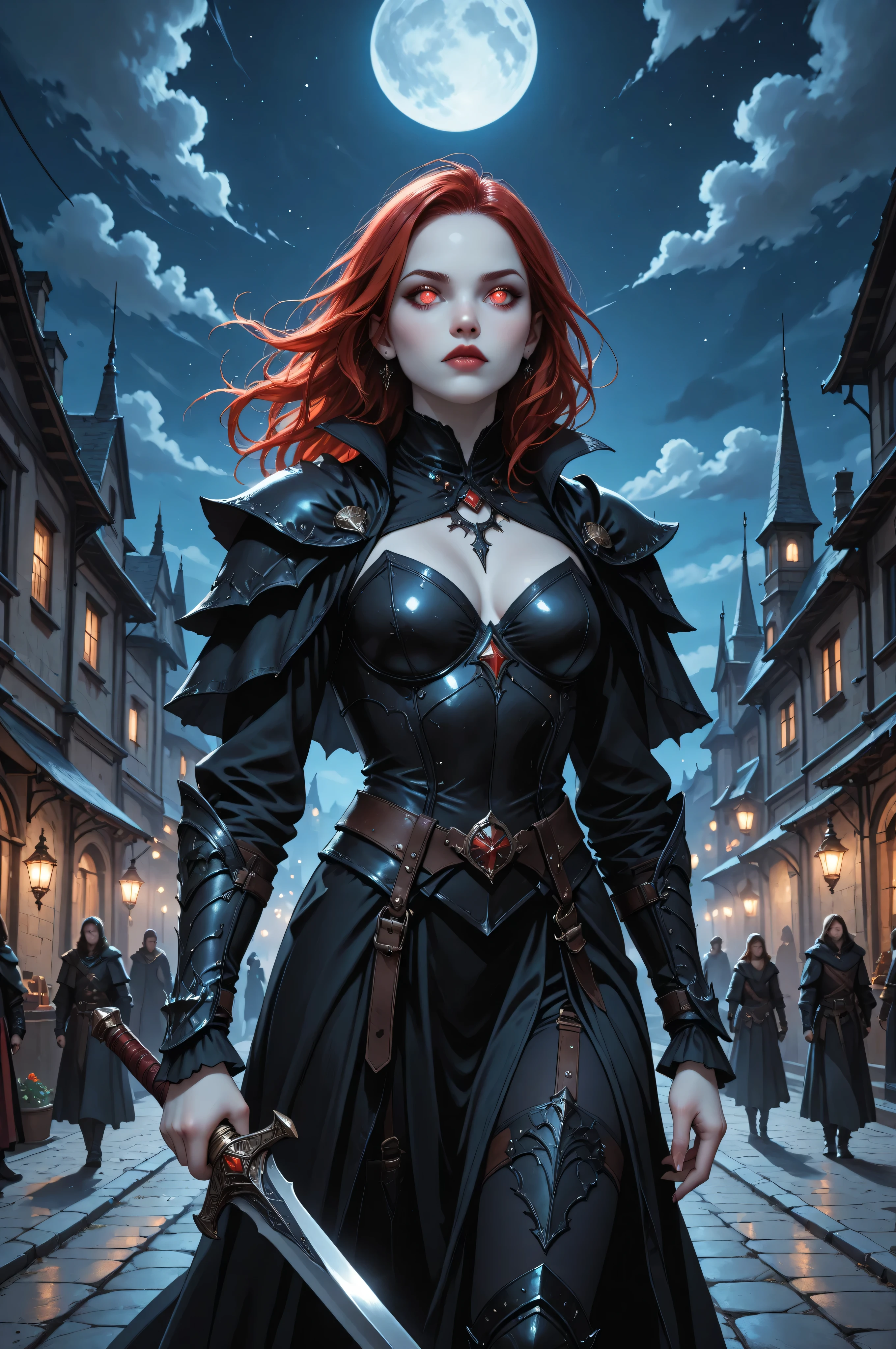 commix style,fantasy,dungeon and dragon ,GlowingRunesAI_green,FairyTaleAI, dark fantasy art, gothic art, a picture of a vampire ready for battle, female vampire, wearing heavy armor, armed with a sword, shining sword, ultra detailed face, pale skin, glowing eyes, red eyes, ultra feminine, pale skin, dynamic hair, dark fantasy urban street , night time, moon light, star light, clouds GlowingRunesAI_red, fantasy, commix style