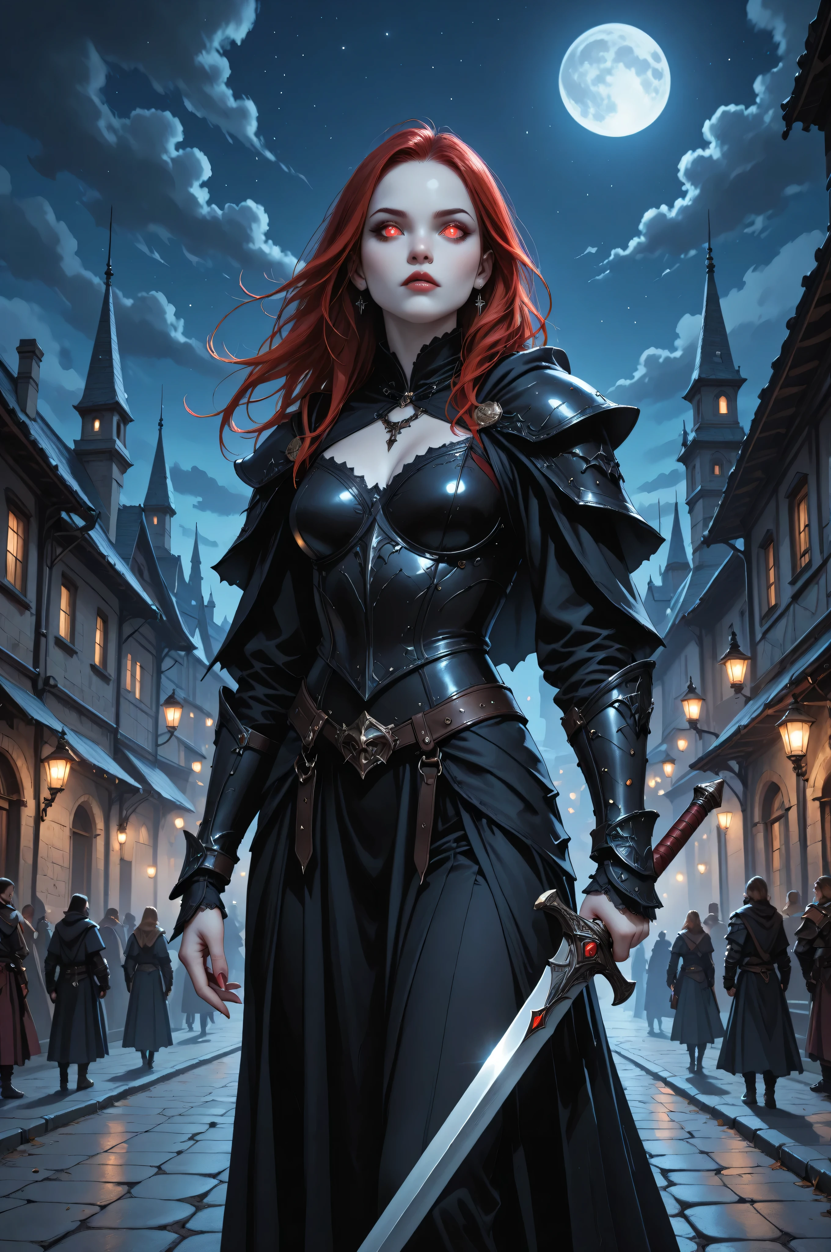 commix style,fantasy,dungeon and dragon ,GlowingRunesAI_green,FairyTaleAI, dark fantasy art, gothic art, a picture of a vampire ready for battle, female vampire, wearing heavy armor, armed with a sword, shining sword, ultra detailed face, pale skin, glowing eyes, red eyes, ultra feminine, pale skin, dynamic hair, dark fantasy urban street , night time, moon light, star light, clouds GlowingRunesAI_red, fantasy, commix style