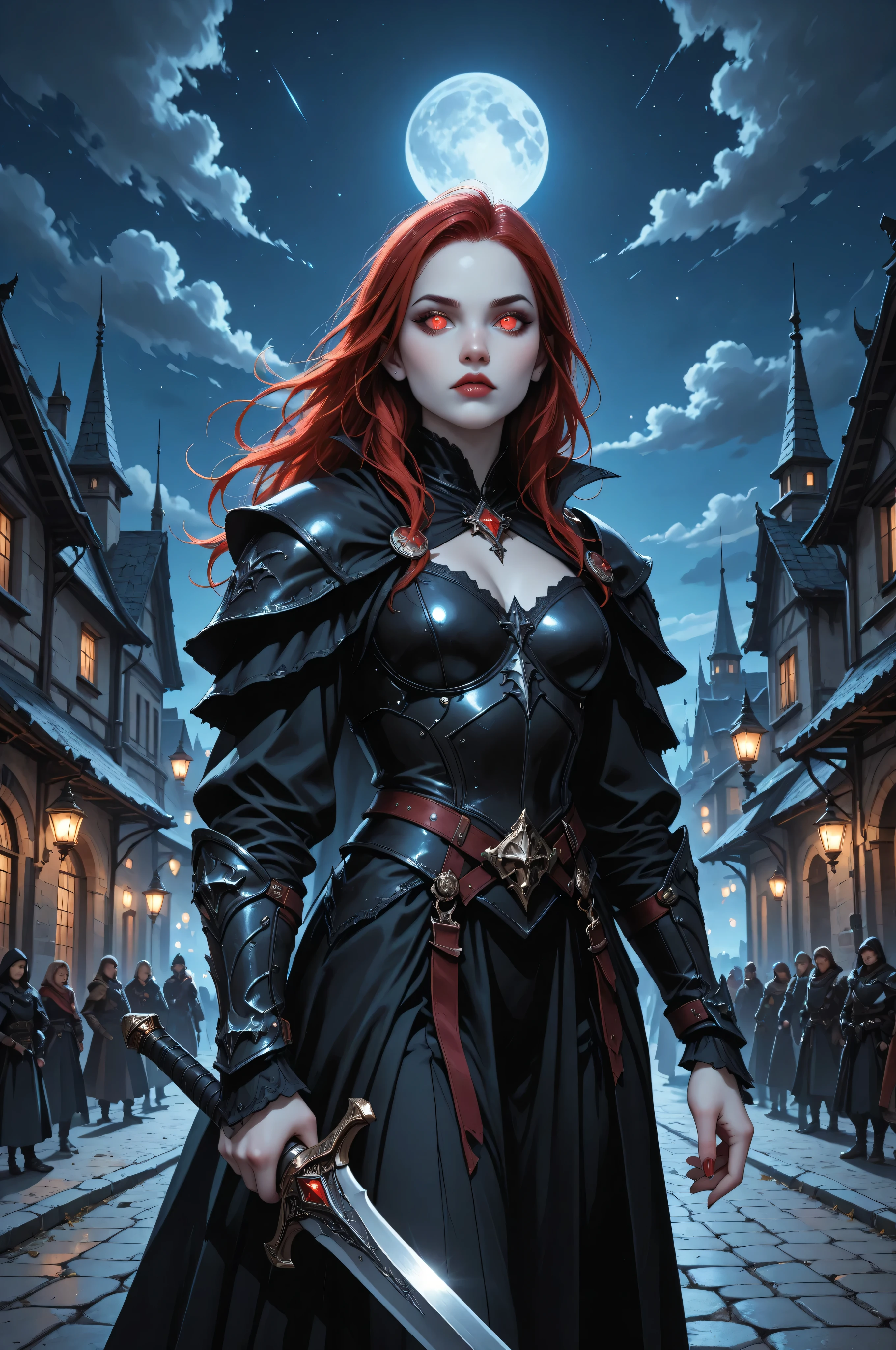 commix style,fantasy,dungeon and dragon ,GlowingRunesAI_green,FairyTaleAI, dark fantasy art, gothic art, a picture of a vampire ready for battle, female vampire, wearing heavy armor, armed with a sword, shining sword, ultra detailed face, pale skin, glowing eyes, red eyes, ultra feminine, pale skin, dynamic hair, dark fantasy urban street , night time, moon light, star light, clouds GlowingRunesAI_red, fantasy, commix style