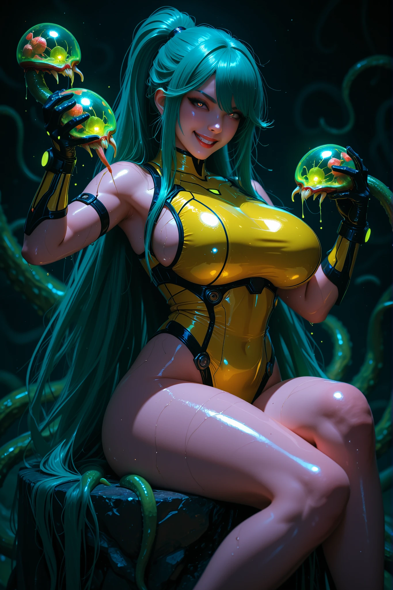 Big woman wearing tentacles dripping hot water、evil smile、Shiny tentacles 、cyberpunked、yellow Metroid Suit、The long-haired, knee up,
