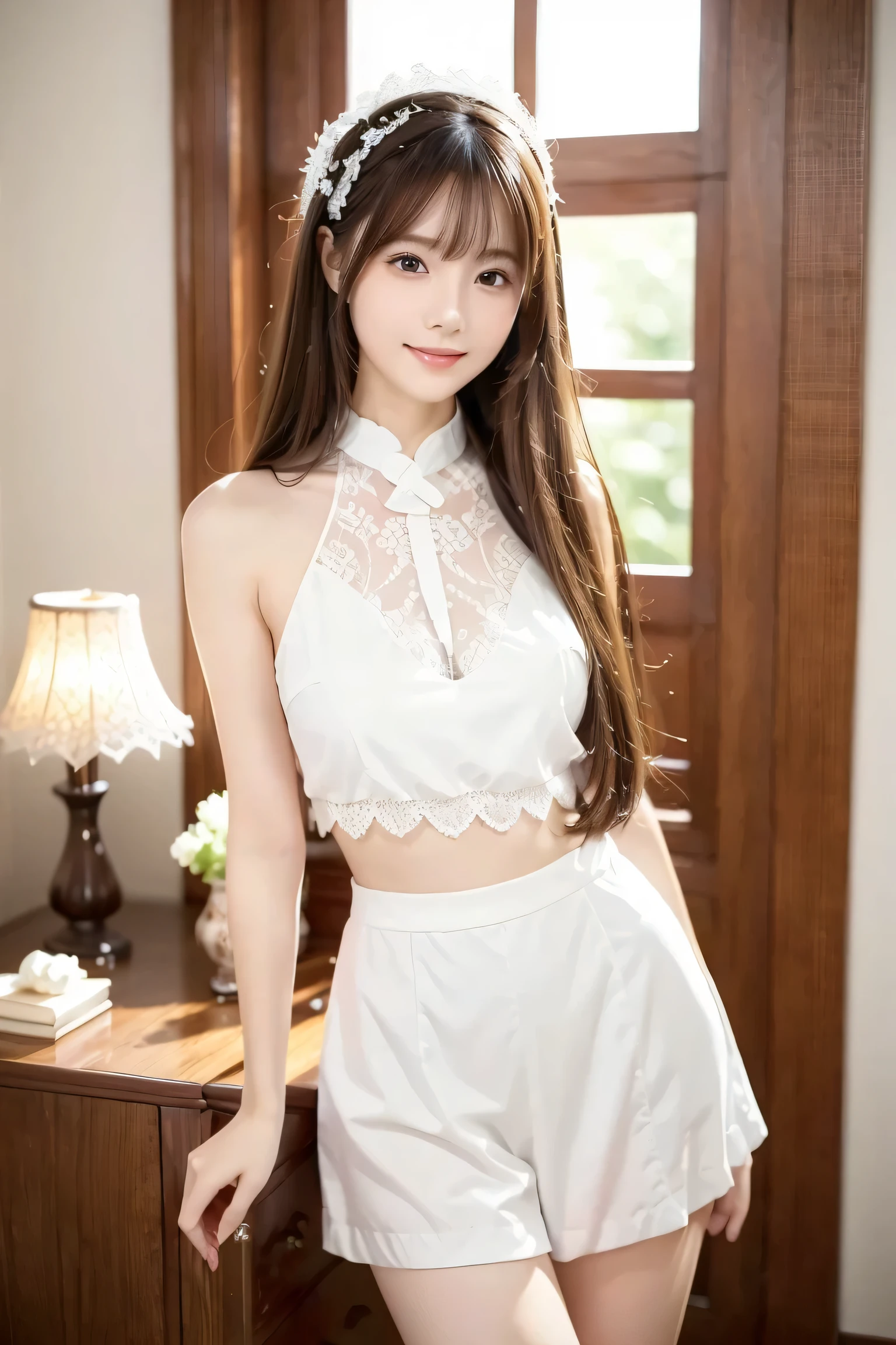 A woman with long hair and a white top is posing for a photo、 she says 、wearing a stylish white two-piece costume featuring a delicate lace pattern、look at the camera、Extremely beautiful eyes、smile、soft and gentle expression、Depicting the body from the knees up、standing in the teacher's house、